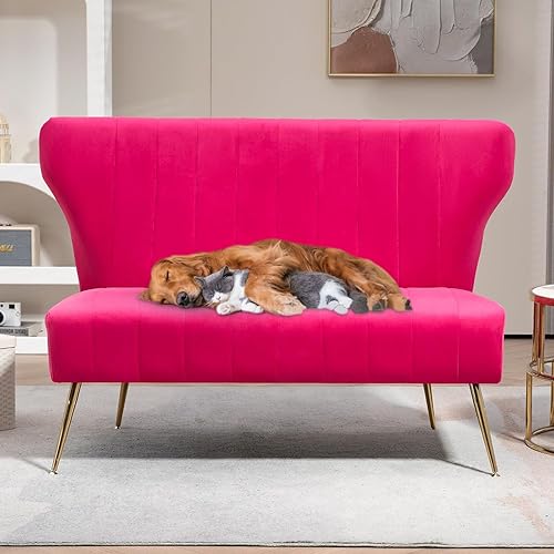 Miniatura 6 de Sofá biplaza moderno de terciopelo de 50 pulgadas, sin brazos, sofá pequeño tapizado con respaldo de alas con patas de metal dorado, sofá capitonado