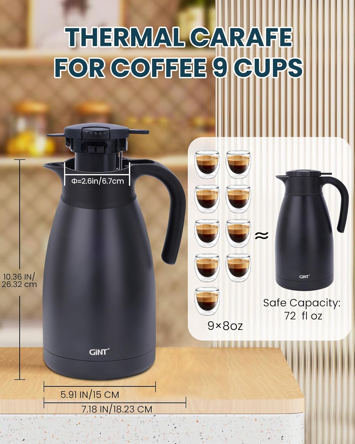 GiNT 2.2L / 74Oz Thermal Coffee Carafe, Insulated Stainless Steel Coffee Carafes for Keeping Hot/Double Walled Vacuum Thermal Carafe (Black)