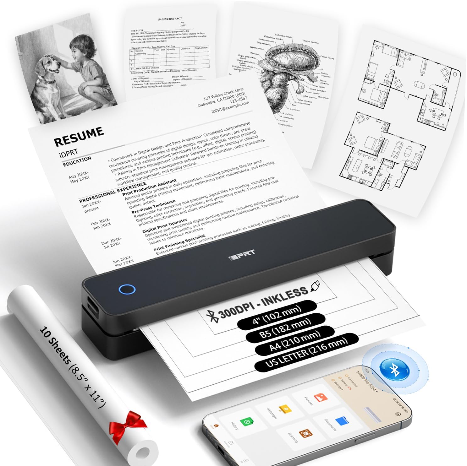 Inkless Portable Printer for Travel, 300DPI Wireless Thermal Printer Support 8.5" x 11" US Letter, A4, MT610Pro Small Bluetooth Printers Compatible with iOS, Android Laptop for Home Office Car, Black Black 300 DPI Printer + 10pcs Thermal Paper