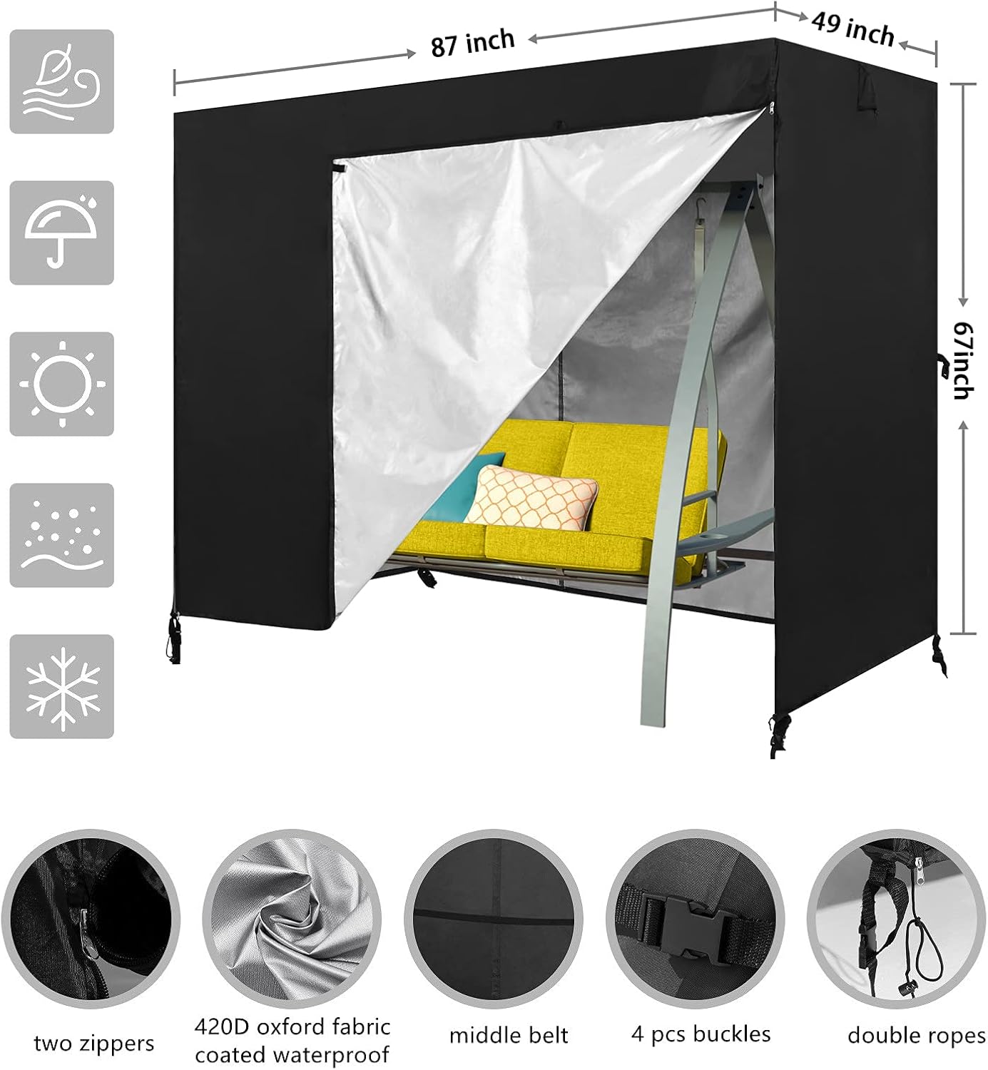 Outdoor Swing Cover 3 Triple Seater Hammock Cover Garden Swing Cover Garden Hammock Glider Chair Cover Patio Furniture Cover UV Resistant Swing Canopy Cover All Weather Protection(87x49x67 inch) Black