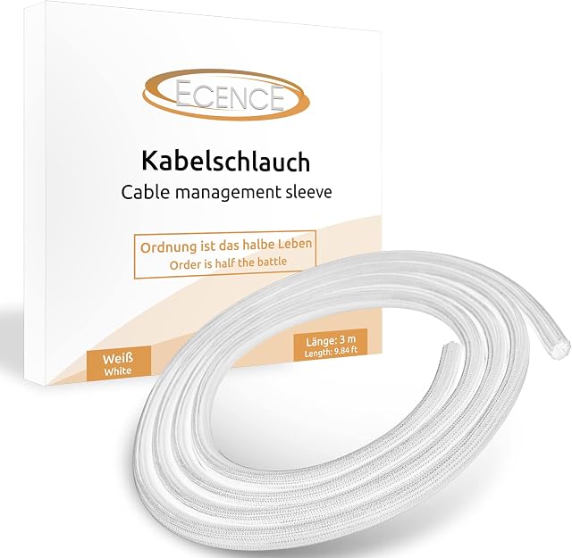 ECENCE 3m / 118inch Osłona na kable 13-20mm Samozamykająca się osłona na kable prowadnicę do kabli można przyciąć na wymiar do komputera kina domowego samochodu biura samoprzylepna tkana