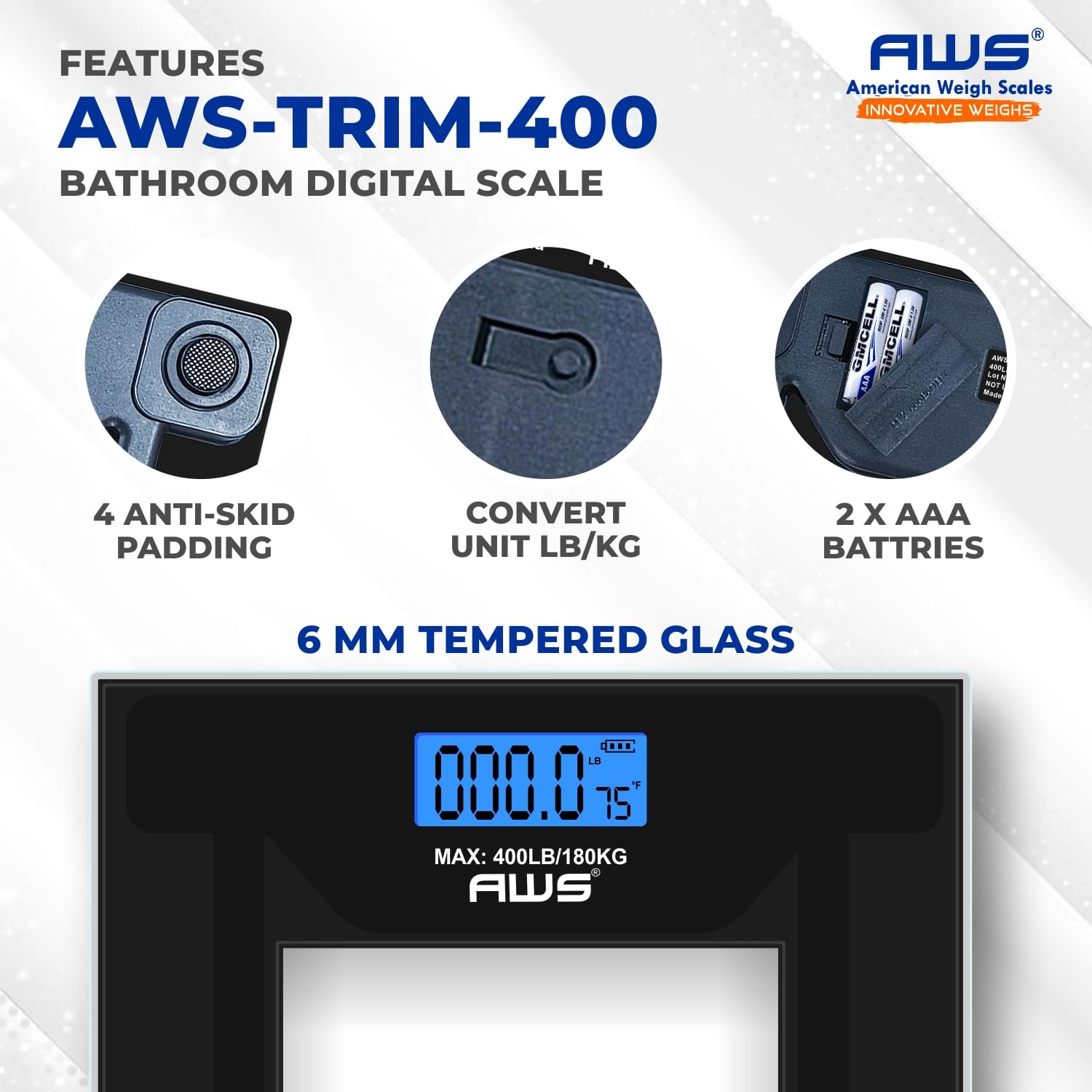 AWS - Báscula digital de baño de 400 libras de capacidad, báscula de peso corporal de vidrio templado transparente con pantalla grande, diseño moderno de bajo perfil, alta precisión y tecnología de