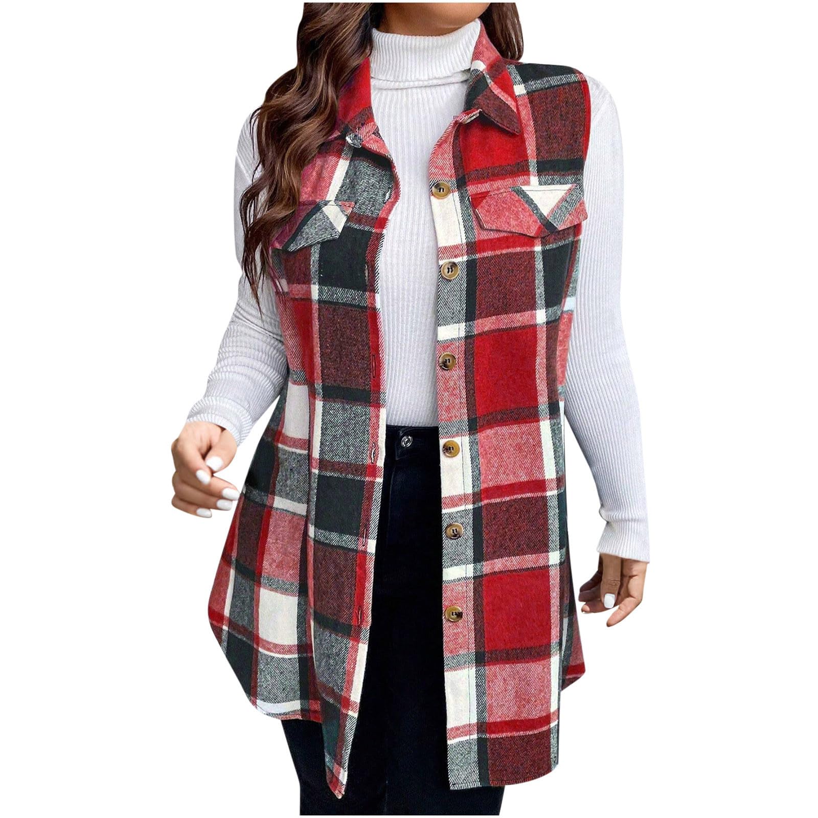 Womens Flannel Plaid Vest Tops Trendy Long Sleeveless Button Down Shirts Jackets Casual Fall Checkered Shacket Coat