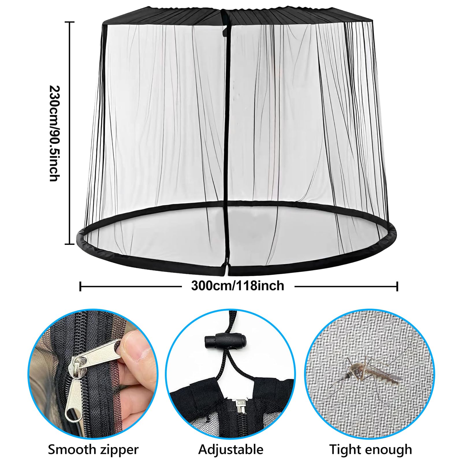 Zanzariera per ombrelloni, esterni, da 250 – 300 cm, altezza 2,3 m, zanzariere regolabili con base riempibile, chiusura lampo, antivento e antizanzare