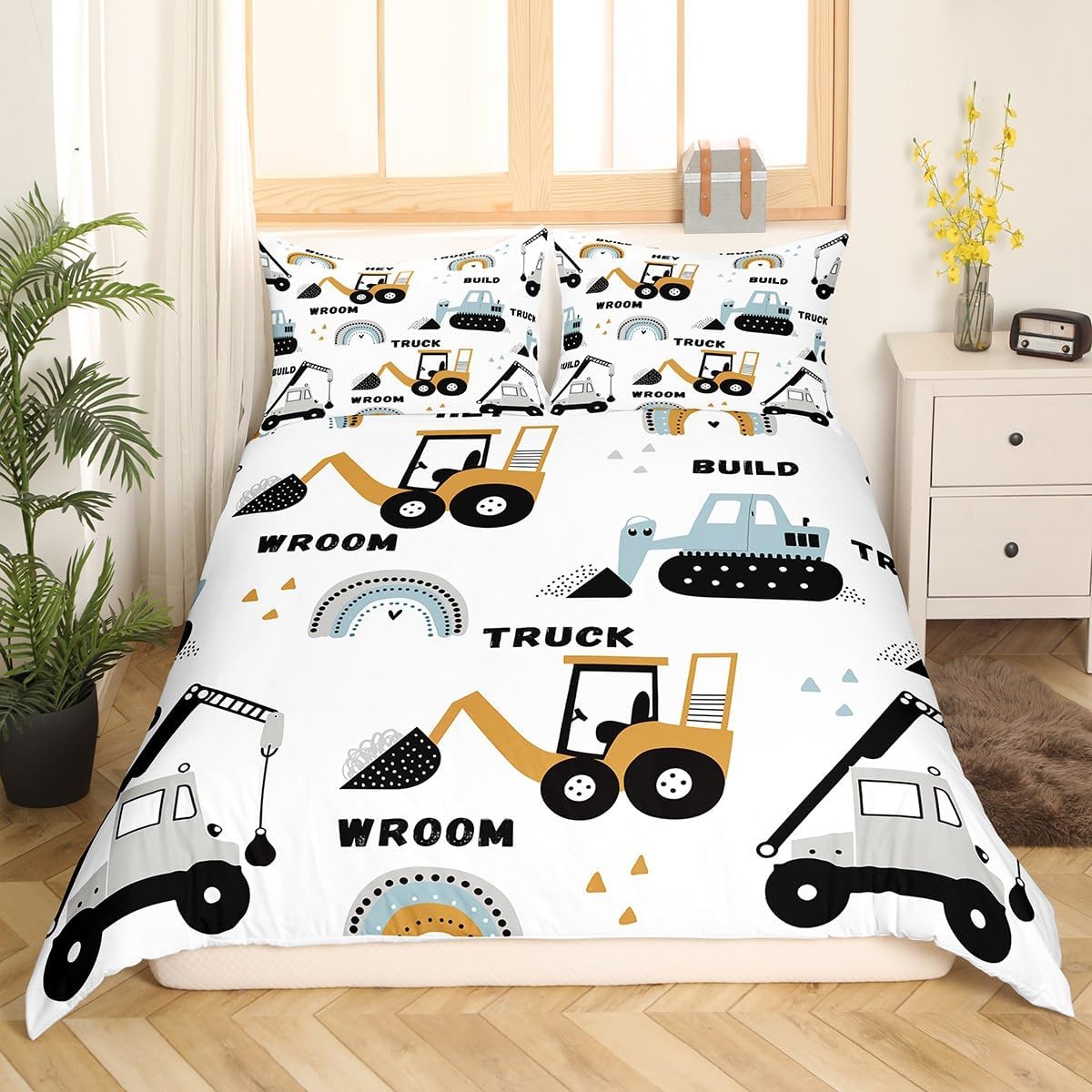 Truck Excavator Comforter Cover for Kids Boys Girls Cartoon Cars Duvet Cover Tractor Engineering Vehicle Bedding Set Construction Bedroom Decor Quilt Cover with 2 Pillowcases 3Pcs Bedding Queen