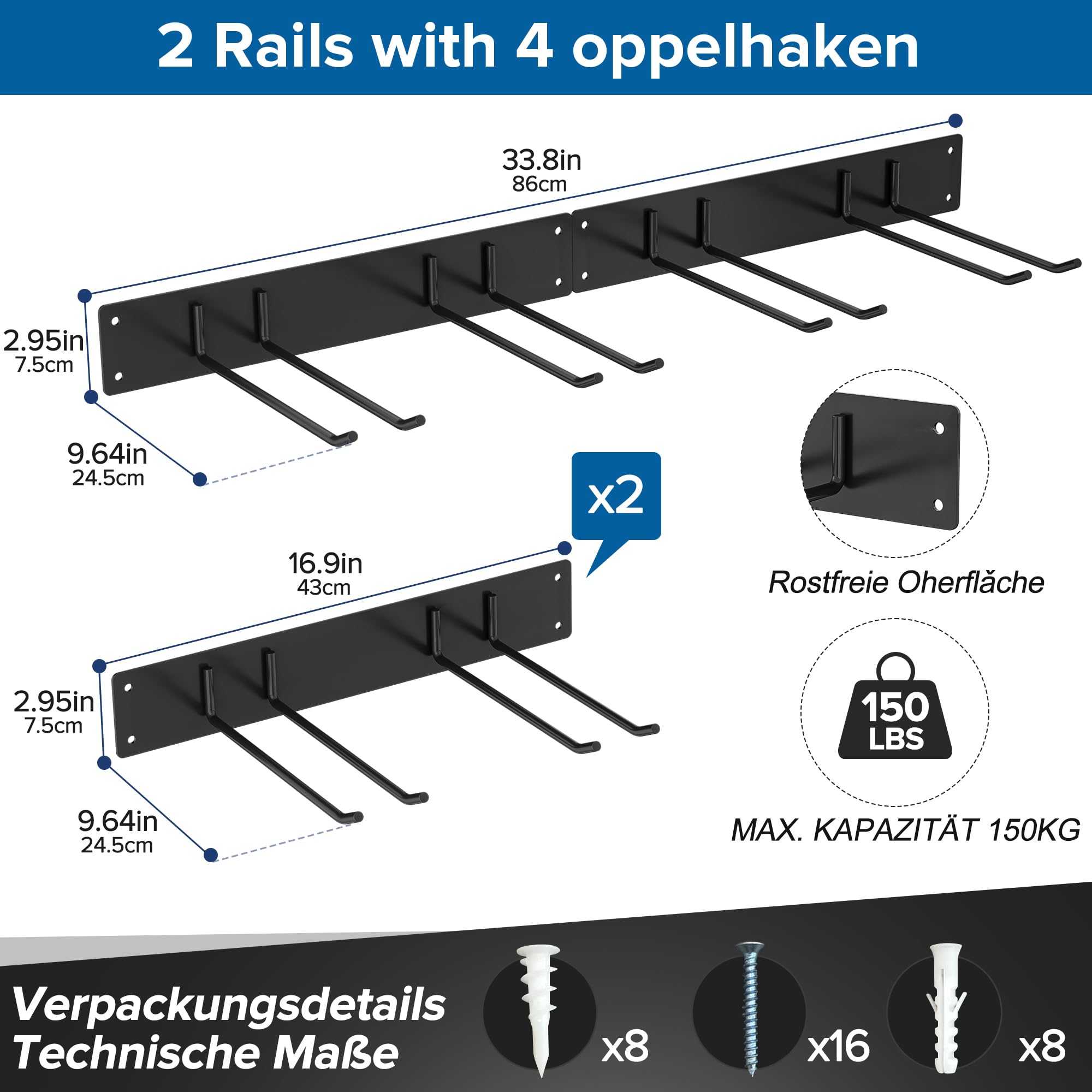 Urban Deco Metall-Gartengerätehalter, Gerätehalter Wandhalterung 150kg Tragkraft mit 4 Doppelhaken & 2 Paneele – Aufhängung für Gartenwerkzeug in Garage, Garten, Keller (Schwarz)