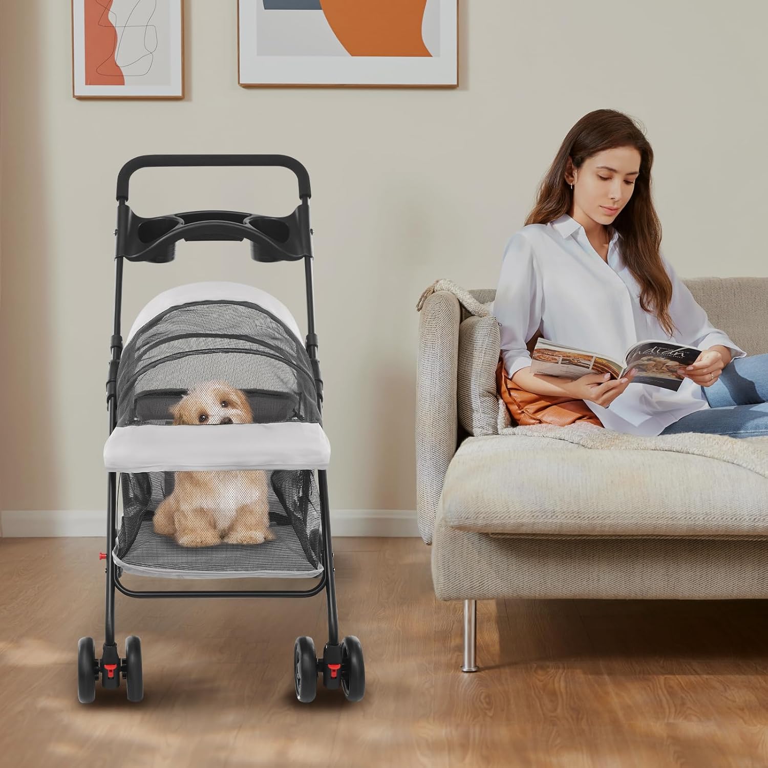 Foldable Pet Stroller w/Lockable Brakes,40lbs Capacity Ventilated Mesh Carrier Cart for Small Medium Dogs & Cats,Dog Stroller (Light Gray)