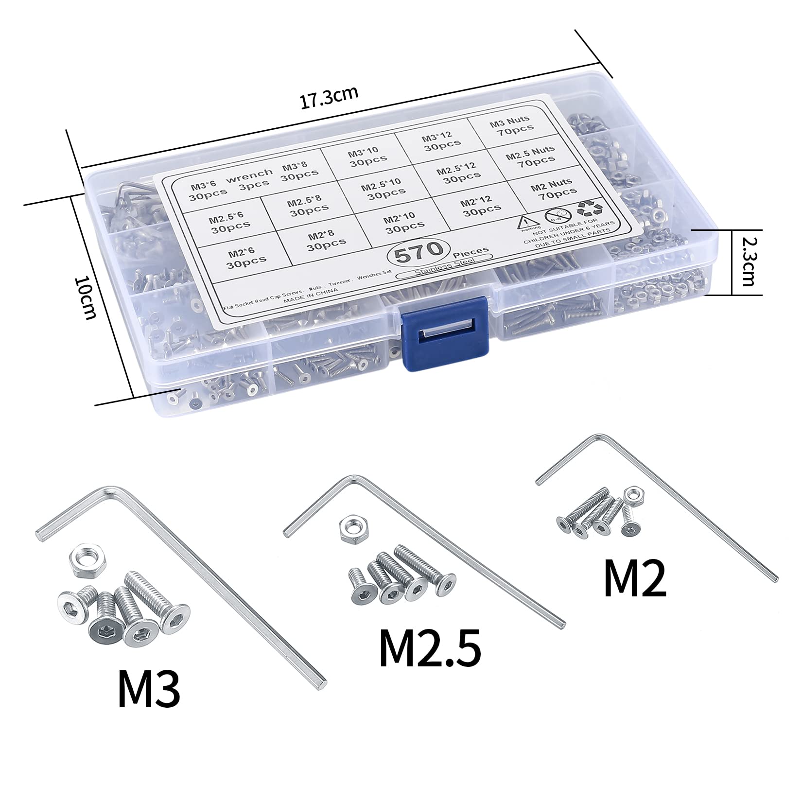 wugongshan 570 Pezzi Viti Bulloni e Dadi a Testa Esagonale, M2 M2.5 M3 Viti a Testa Svasata Esagonale Cilindrica con Esagono Incassato Assortimento Kit per Mobili Garage Casa