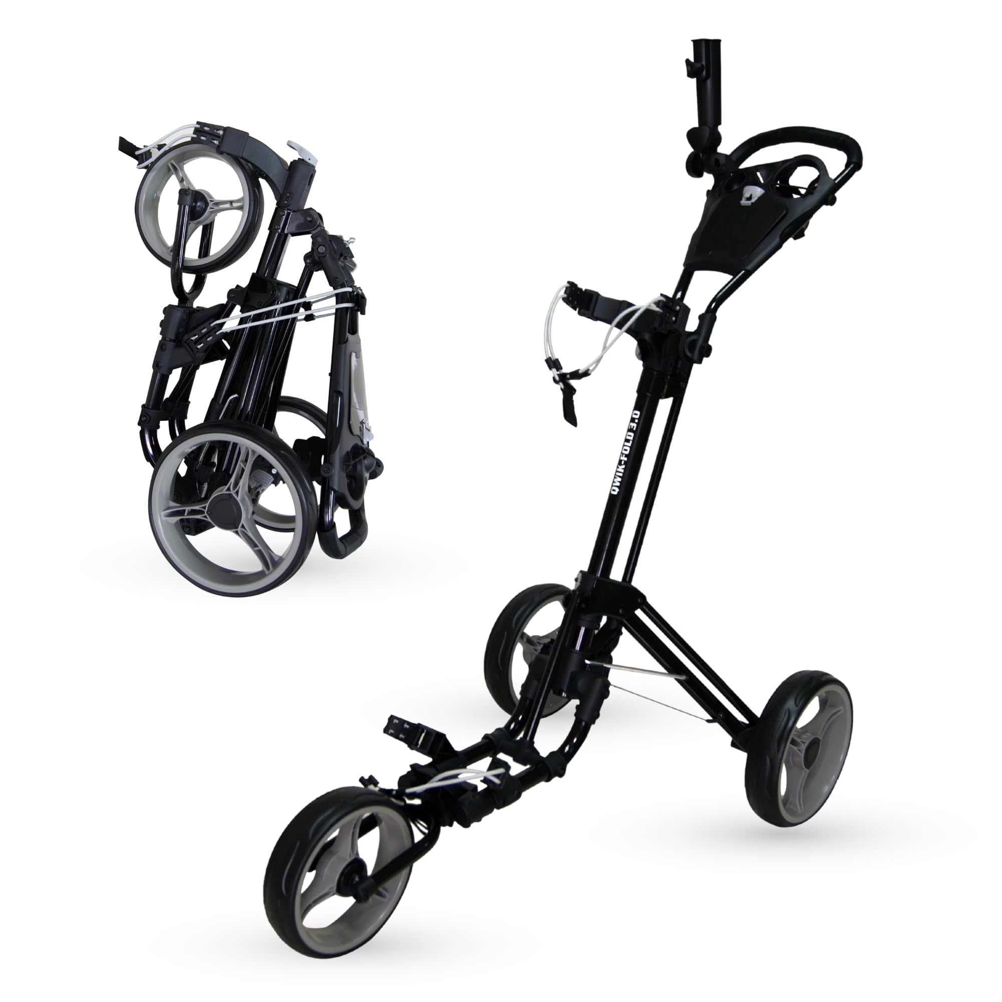 3-Wheel Golf Push Cart with Foot Brake – 1-Second Fold & Unfold Trolley, Lightweight Aluminum Frame, Adjustable Handle, Smooth Ball-Bearing Wheels, Umbrella Holder & Storage