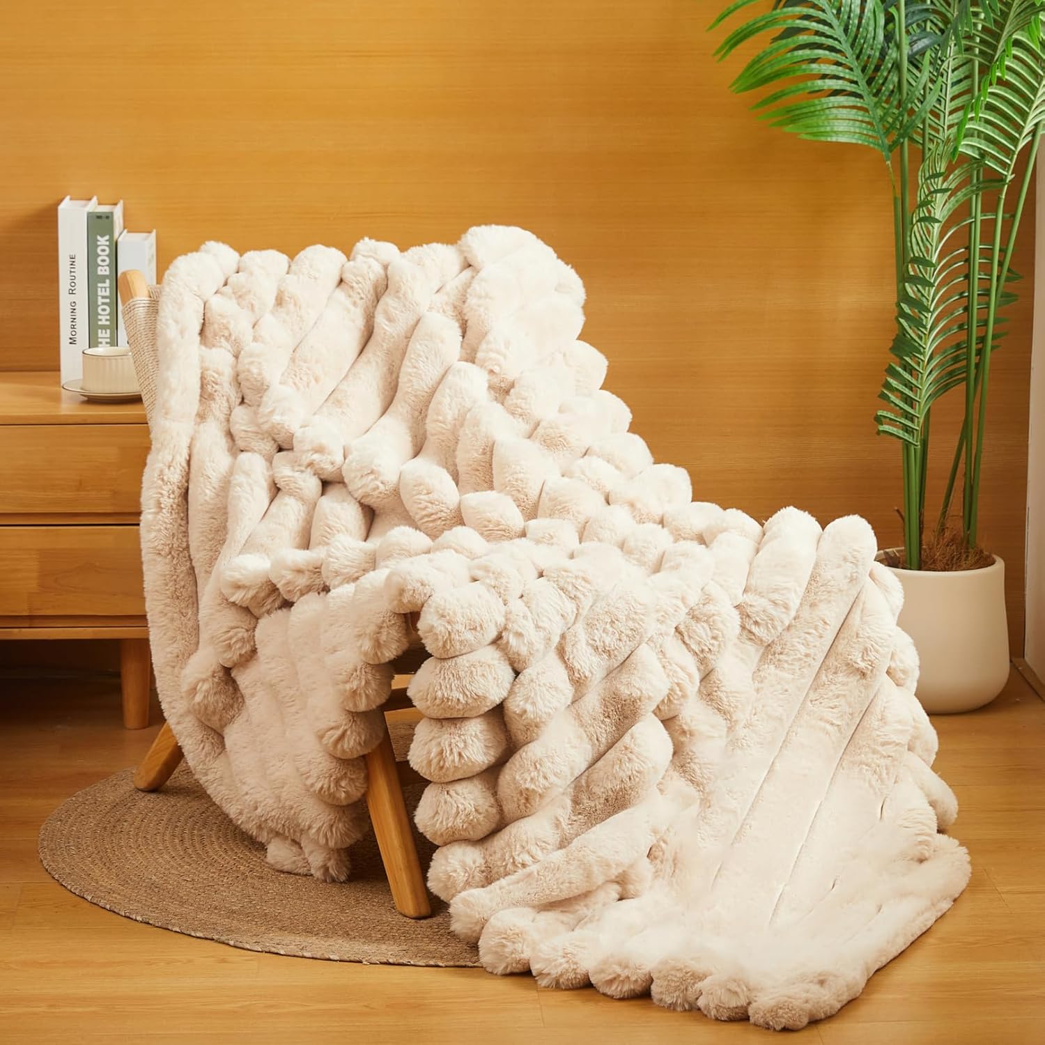 The Nantucket Blanket - LuxeComfort Faux Fur Striped Blanket 50"x60" Shoreline Beige - Luxuriously Soft Cozy Warm Gift for Women, Plush Silky Fuzzy Heavyweight Reversible Design Home Decor - Image 7