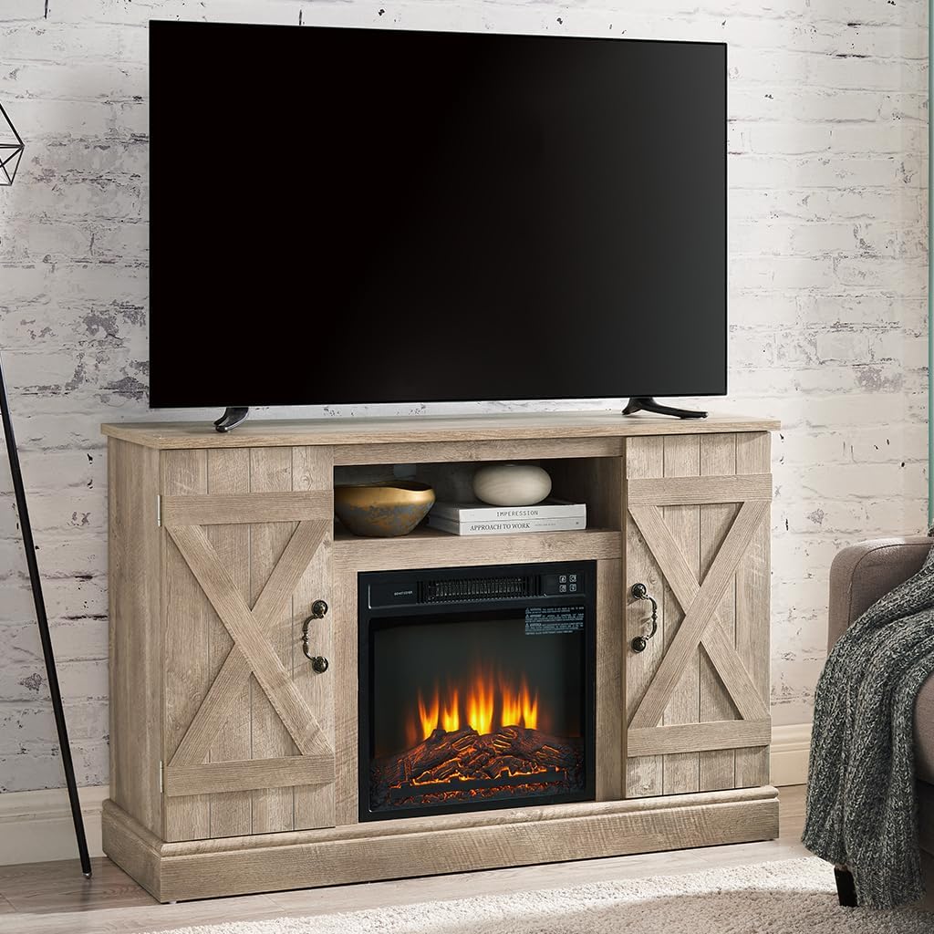 Fireplace TV Stand for TVs Up to 50 Inch, Farmhouse Wood