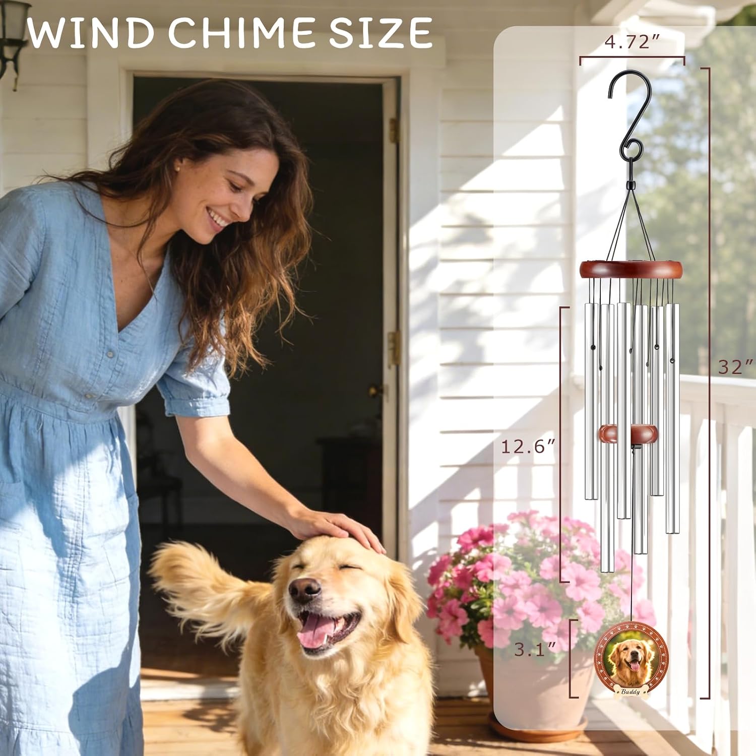 Dog Memorial Gifts for Loss of Dog, 32" Pet Memorial Wind Chimes with Photo Frame Pendant, Unique Pet Loss Sympathy Remembrance Gift (Silver)