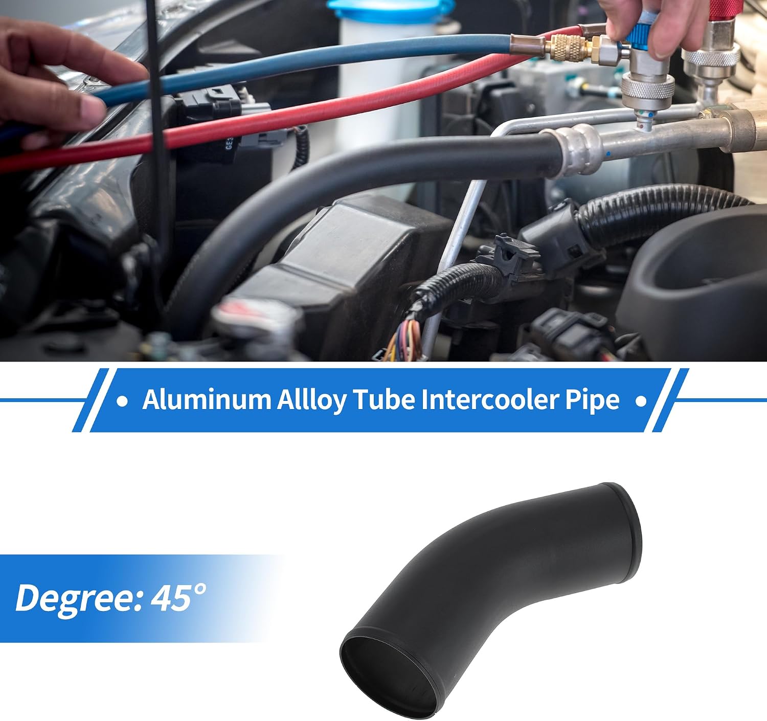 4" OD 45 Degree Bend 6064 Aluminum Alloy Tube Intercooler Pipe Surface Blasting Air Intake Connection Hose W/Double Bead Roll 5.9" Length Black
