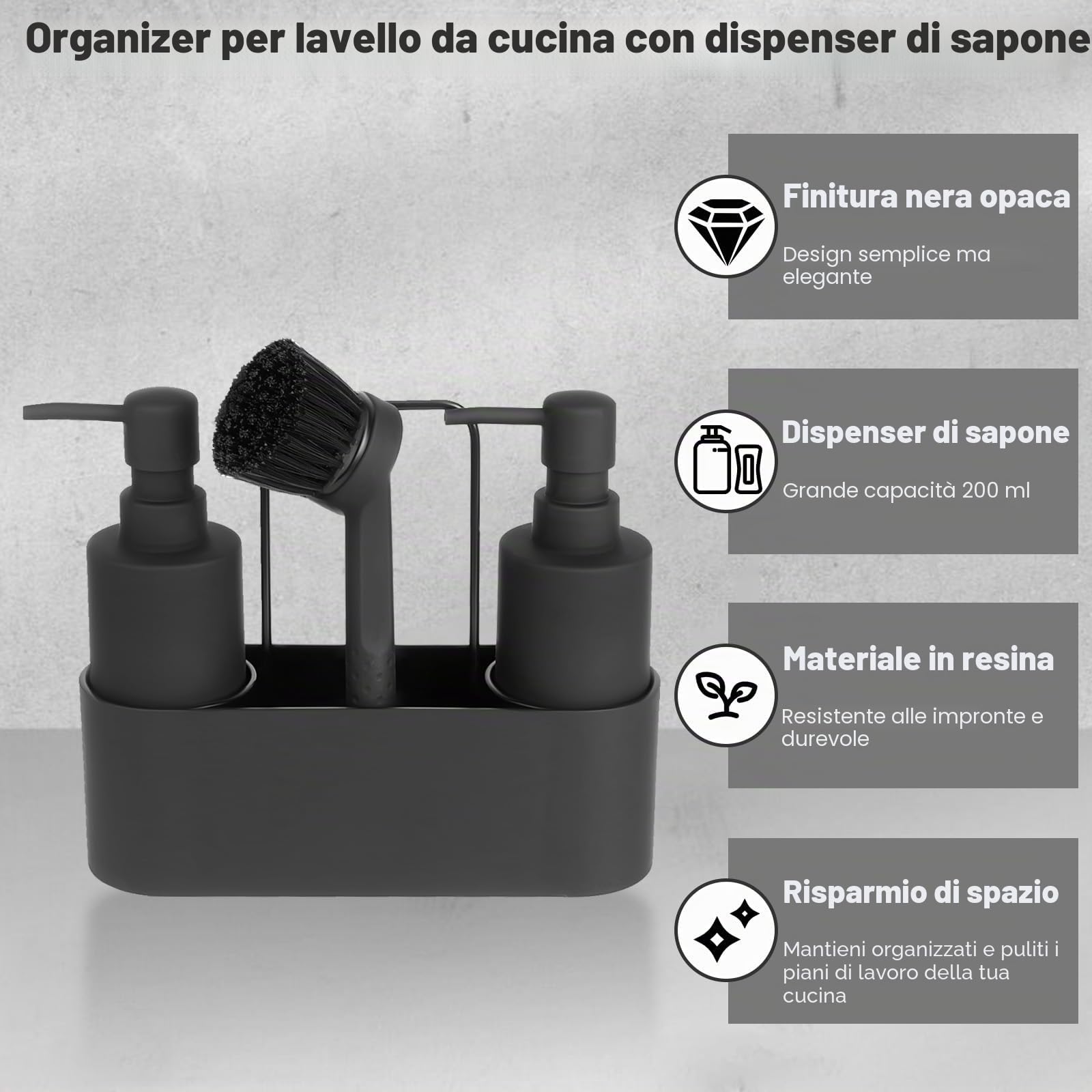 CAUTIOUS Porta Spugne Lavello Cucina, Dispenser Sapone Cucina Nero 4 in 1, Porta Spugne Lavello con Portasciugamani Dispenser di Detersivo Ricaricabil, Dispenser Detersivo Piatti per Cucine e Bagni