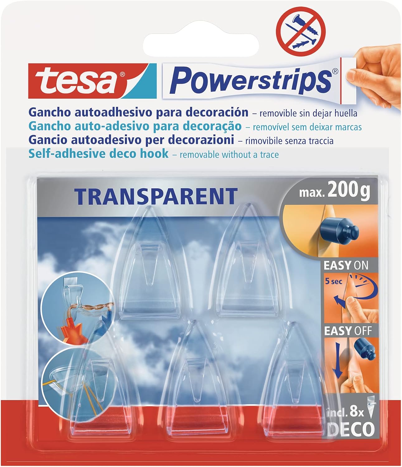 Tesa 58900-00014-01 Powerstrips Deco 5 Transparent Hooks with 8 Removable Biadhesive Strips by tesa UK