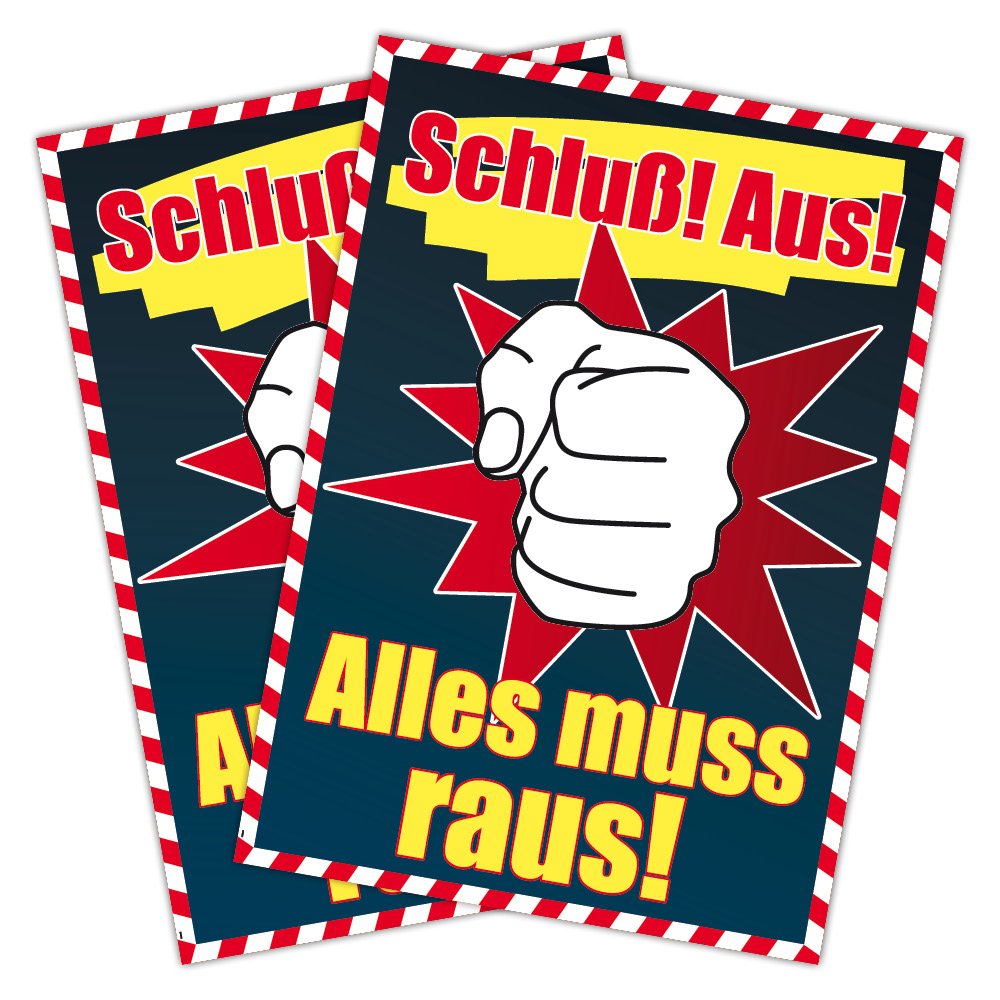 2 Stück Plakat "Schluss und aus! Räumungsverkauf wegen Geschäftsaufgabe Alles muss raus!" DIN A0 Neongelb (841x1188 mm Kundenstopperformat)