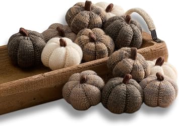 Your Hearts Content Set of 12 Cozy Mini Knit Cobblestone Grey Pumpkins, Tiered Tray Home decor, Cozy Home Harvest Season Cobblestone Full Set