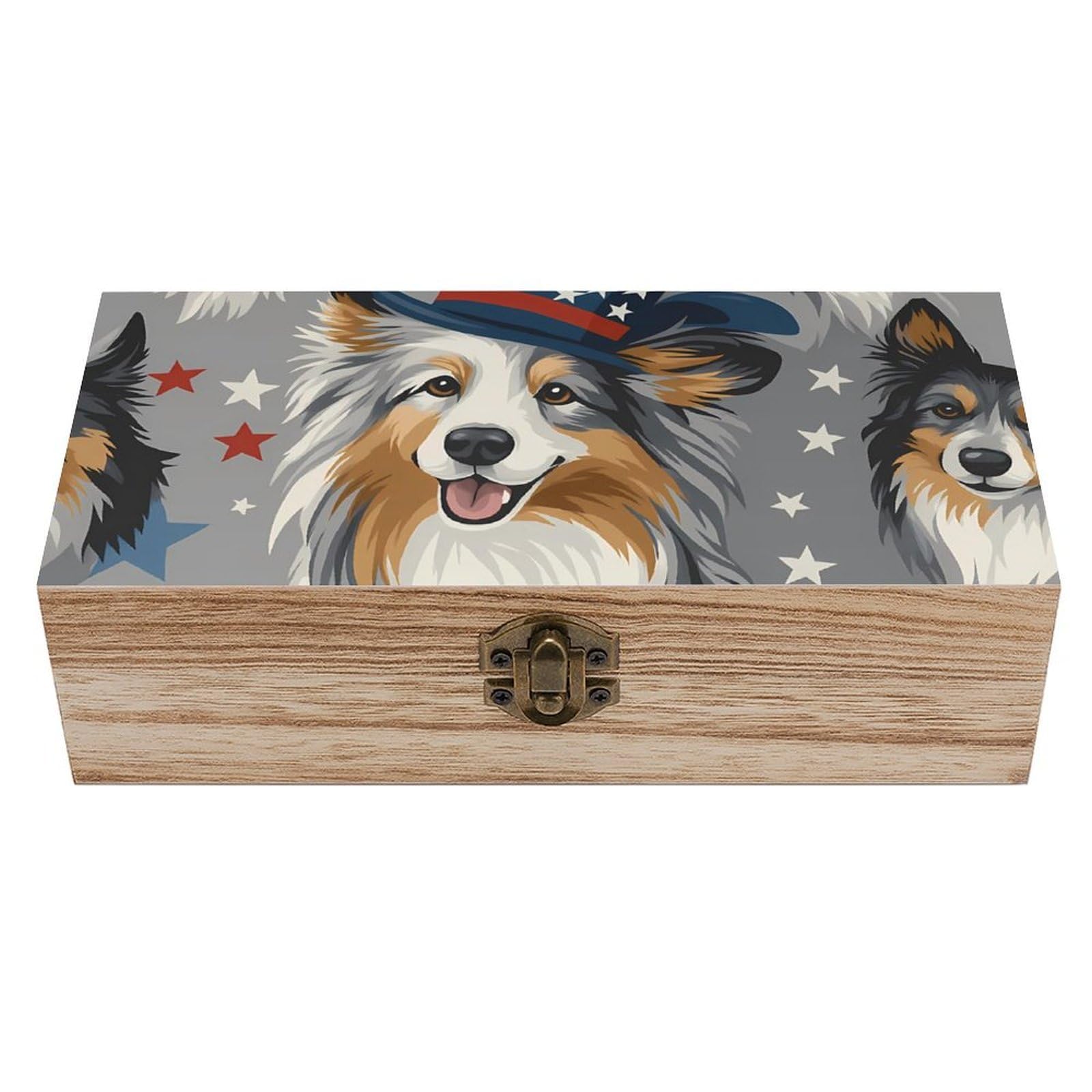 HLBSDM Adorable Australian Shepherd & The United States Hat Retro Wooden Storage Box Jewelry Art Gift Boxs Decorative Keepsake Boxes