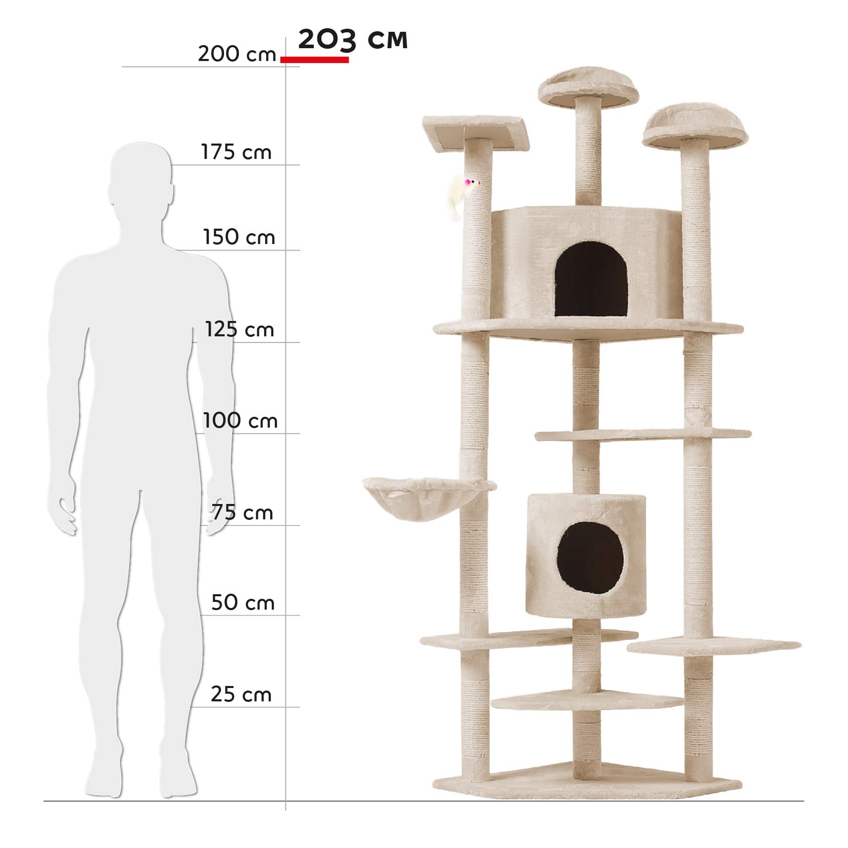 Albero per Gatto Tiragraffi Cuccia Torre Giocattolo Gatti Parco Giochi Graffiatoio in Sisal Naturale 203 x 60 x 60 cm (Colore Beige)