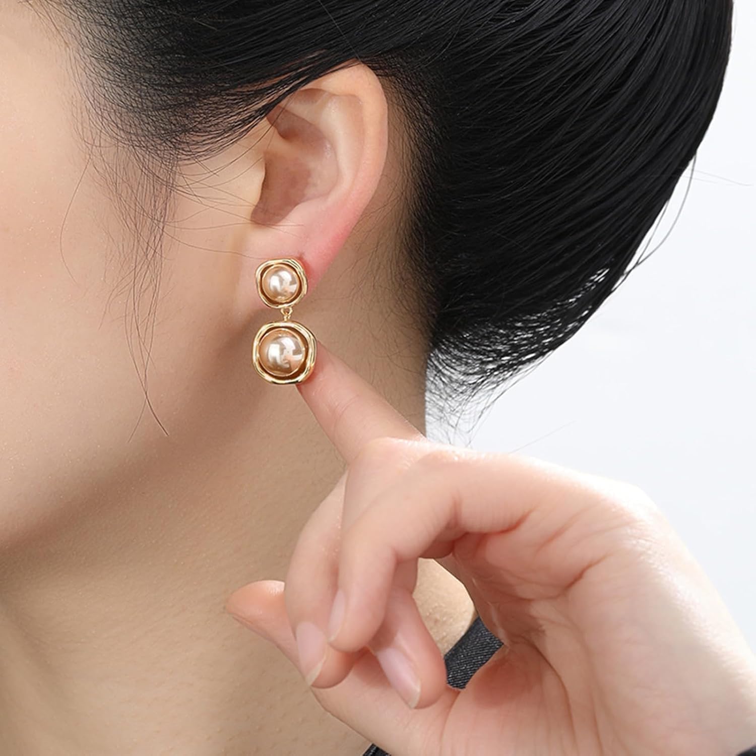 Bi&Yamigeo Mini Double Pearl Drop Stud Earrings,White Round Pearl Pendant Dangle Jewelry for Wedding Bridal Bridesmaid Birthday for Women - Image 2