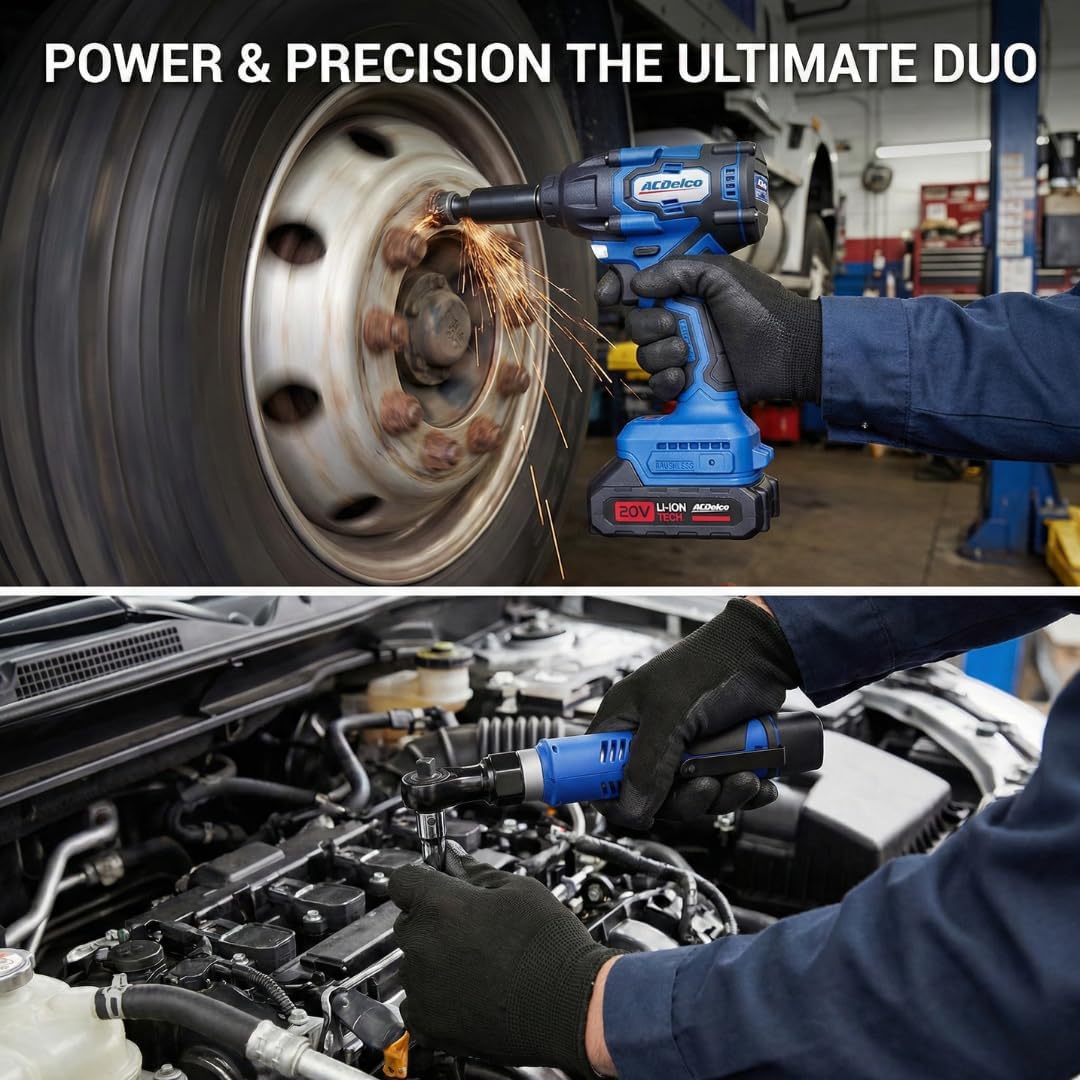 ACDelco ARI20132P-K3 20V Brushless 1/2" Impact Wrench (251 Ft-lbs, 3-in-1 Tool) & G12 Series 12V 3/8" Cordless Ratchet Combo Kit with 14-Piece Drill Bit Set