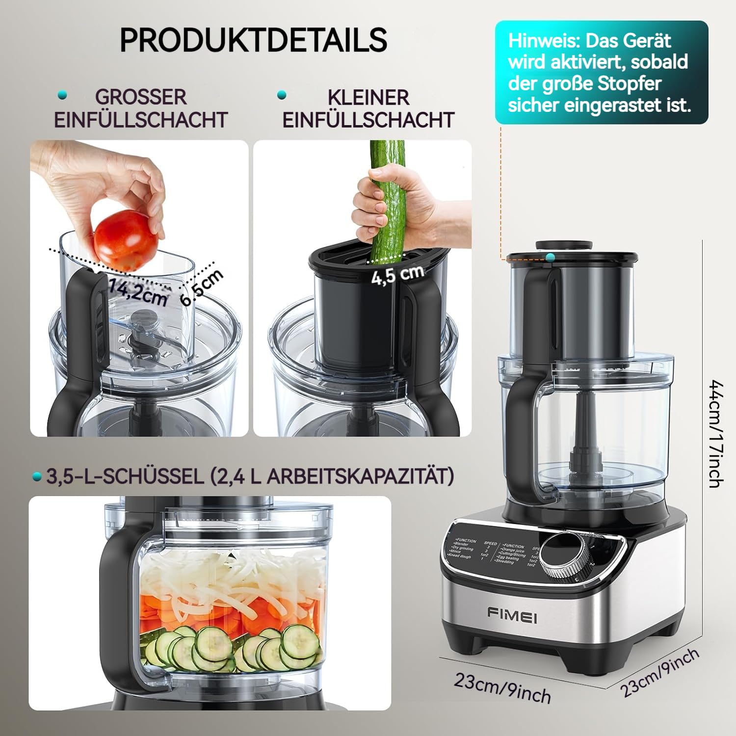 FIMEI Küchenmaschine 1300W, 3 Geschwindigkeiten und Impulsfunktion, 3,5L Zerkleinerer, 1,5L Mixer, Mühle, Zitruspresse, Teighaken, Schneebesen, Reibe, Wendescheibe, Food Processor