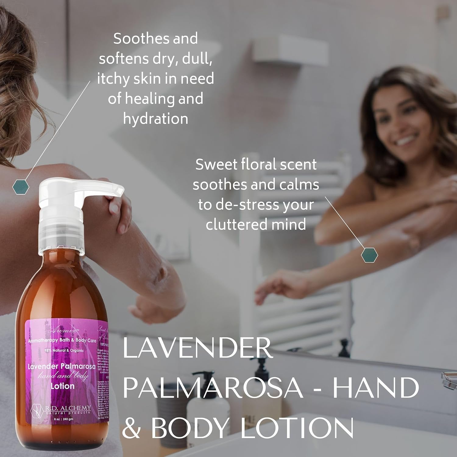 RD Alchemy - 98% Natural & Organic Lavender Palmarosa Hand and Body Lotion - Sweet Floral Scent to Sooth and Calm while Hydrating and Soothing Skin