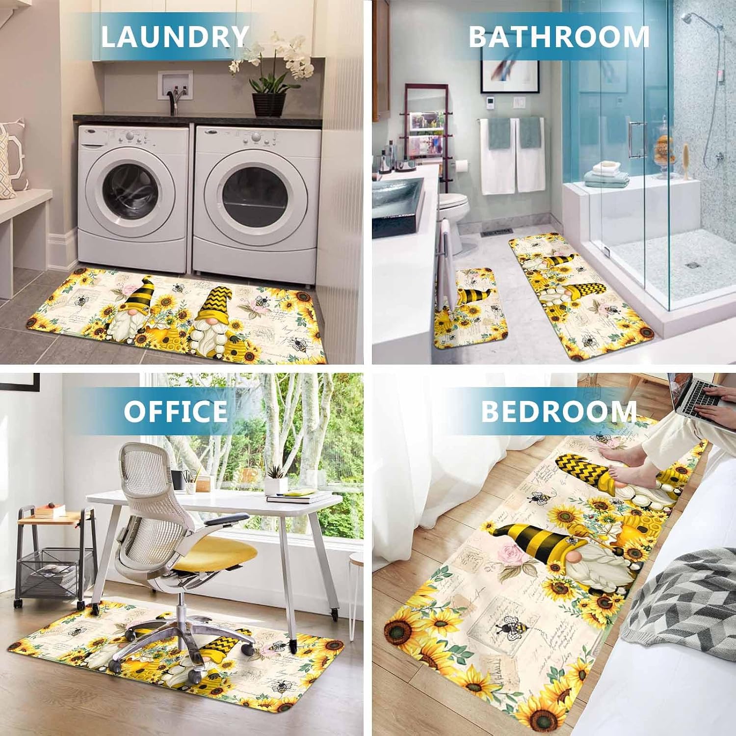 Prime Leader Farmhouse Rustic Kitchen Mat Set 2 Pieces Gnome Sunflower Bee Beige Background Non Slip Kitchen Rugs Washable Runner Rug Mats for Sink Laundry (19.7" x 31.5"+19.7" x 47.2")