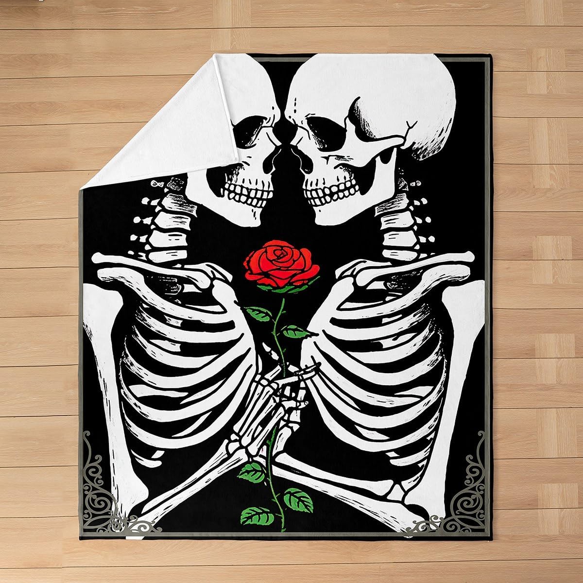 Skull Gothic Bed Blanket Kids Girls Kissing Lovers Skeleton Flannel Blanket Soft Cozy Lightweight Red Rose Plush Fleece Sugar Skull Blanket Gifts for Couch Bed Chair Office Sofa(40x50 Inches)