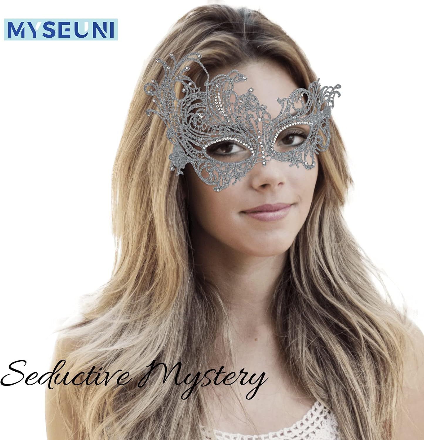 MYSEUNI Masquerade Mask for Women - Shiny Rhinestone Lace Venetian Party Mask for mascarade ball Mardi Gras Prom