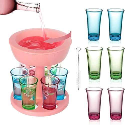 Miniatura 8 de Dispensador y soporte de vidrio para 6 chupitos, dispensador de chupitos con 6 tazas de vasos de chupito de 2 onzas, dispensador múltiple de