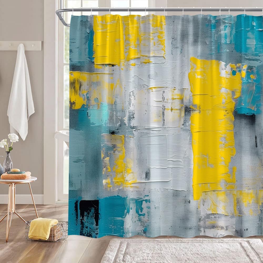 Turquoise Gray Orange Shower Curtain Burnt Blue Teal Orange and Gray Abstract Brushstrokes Painting Modern Art 70" Wx96 H Fabric Bathroom Curtain Sets with Hooks