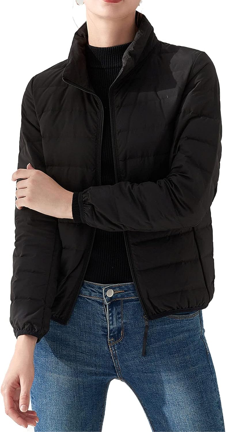 JEsilunmaMY Womens Full Zip Puffer Jacket Long Sleeve Stand Collar Seamless Down Coats Solid Color Slimming Padded Outwear
