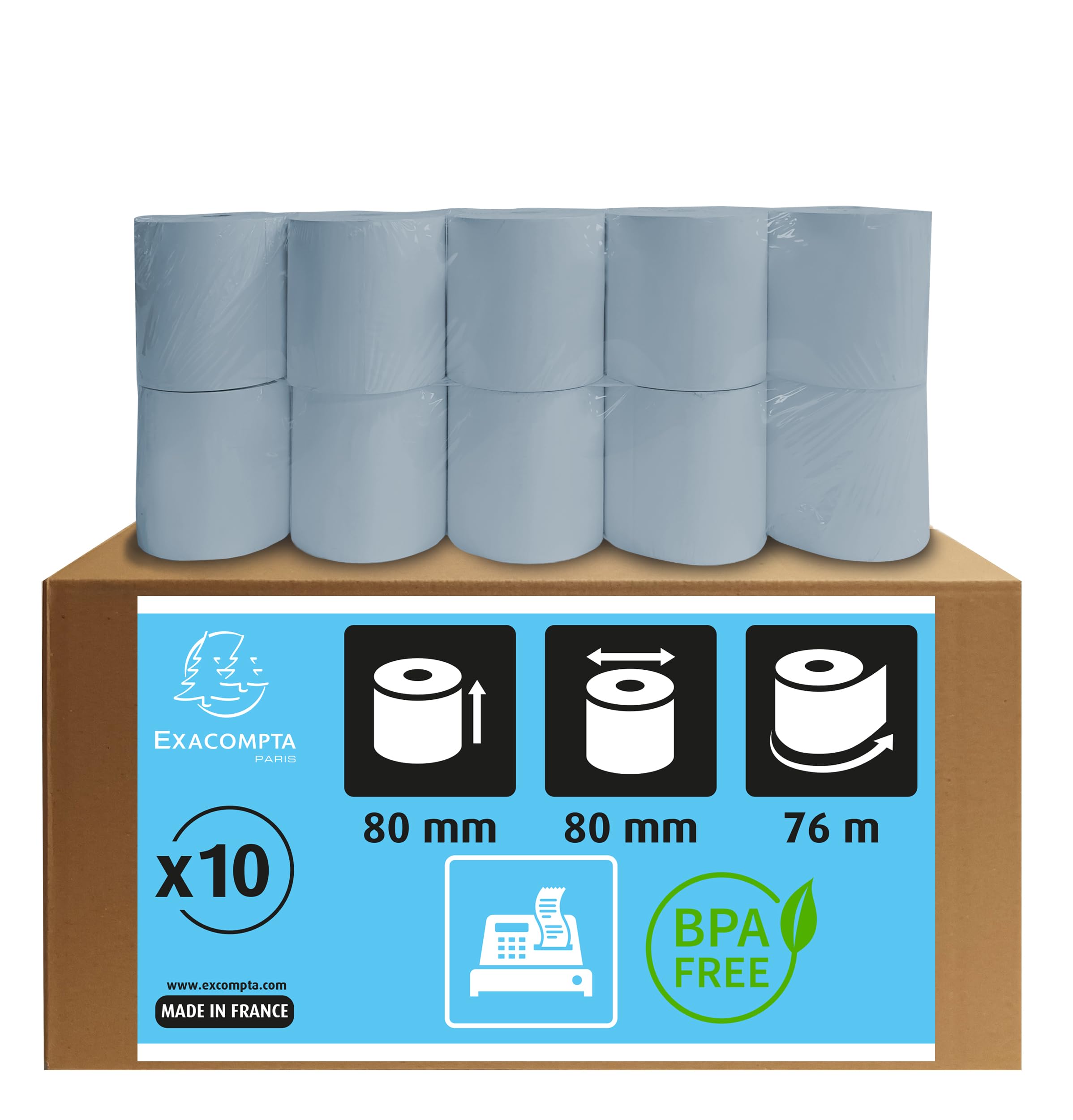 Exacompta - Ref 43918E - Safe Contact Till/Cash Register Rolls (Pack of 10 Rolls) - 80mm Width x 76m Length, Suitable for Shops, Kiosks, Cafés, Restaurants, Card Payments
