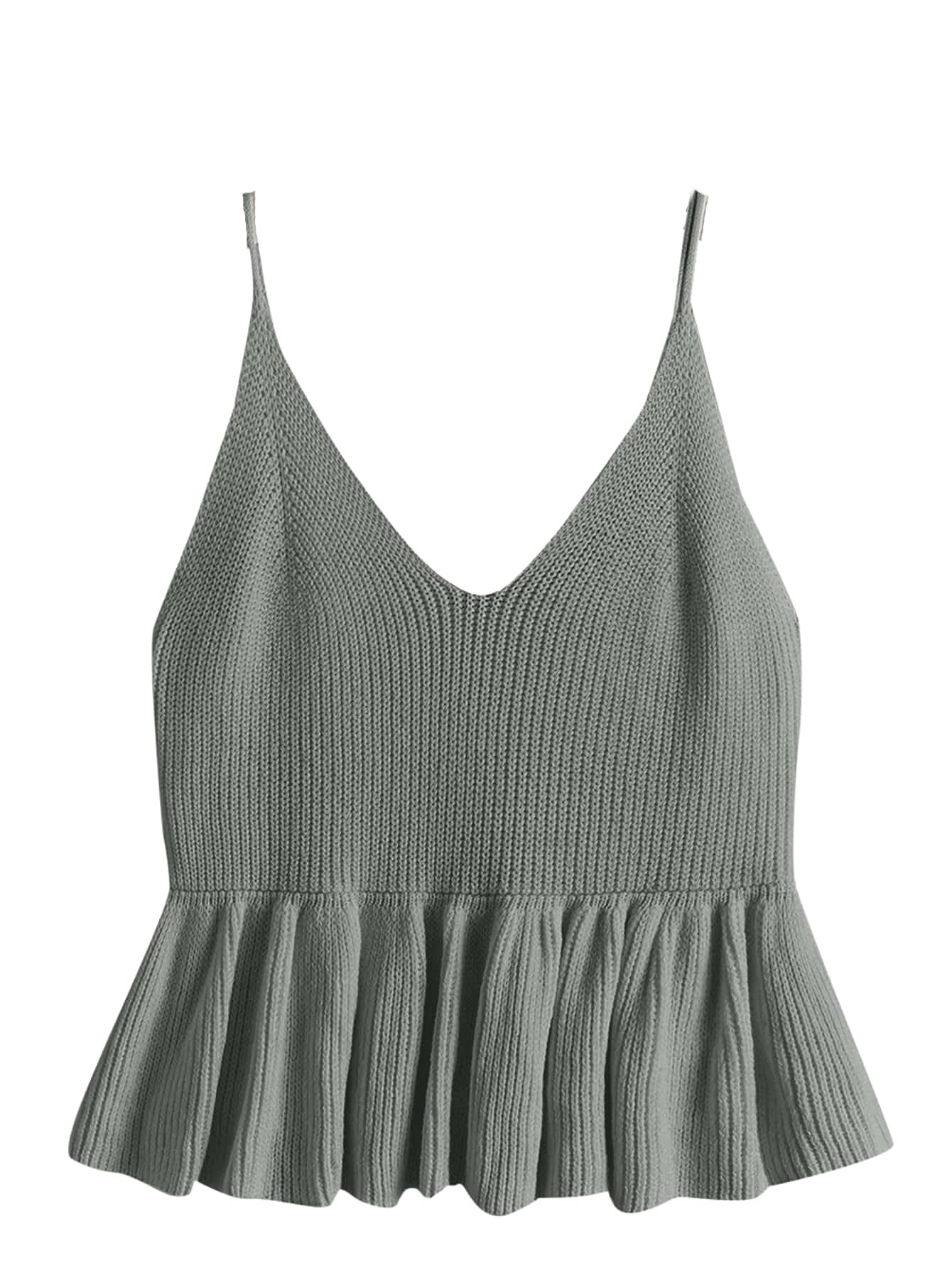 SweatyRocks Women's Spaghetti Strap Ruffle Hem Peplum Crop Ribbed Knit Tank Top