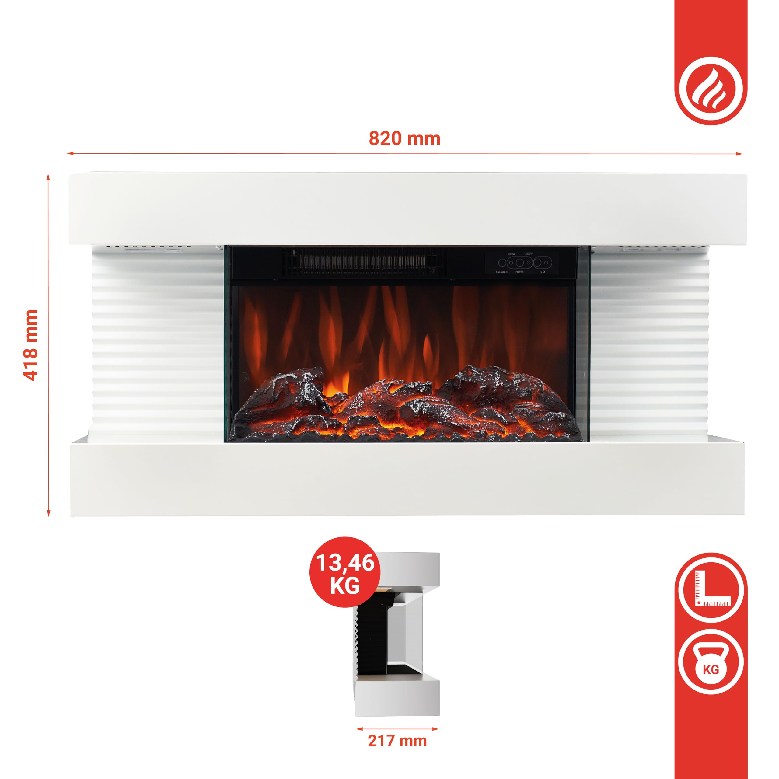 KAMINIO Eléctrica Chimenea Liz - Chimenea eléctrica de Pared con calefacción, Efecto de Llama 3D, Luz Ambiental LED, Control Remoto (Blanco)