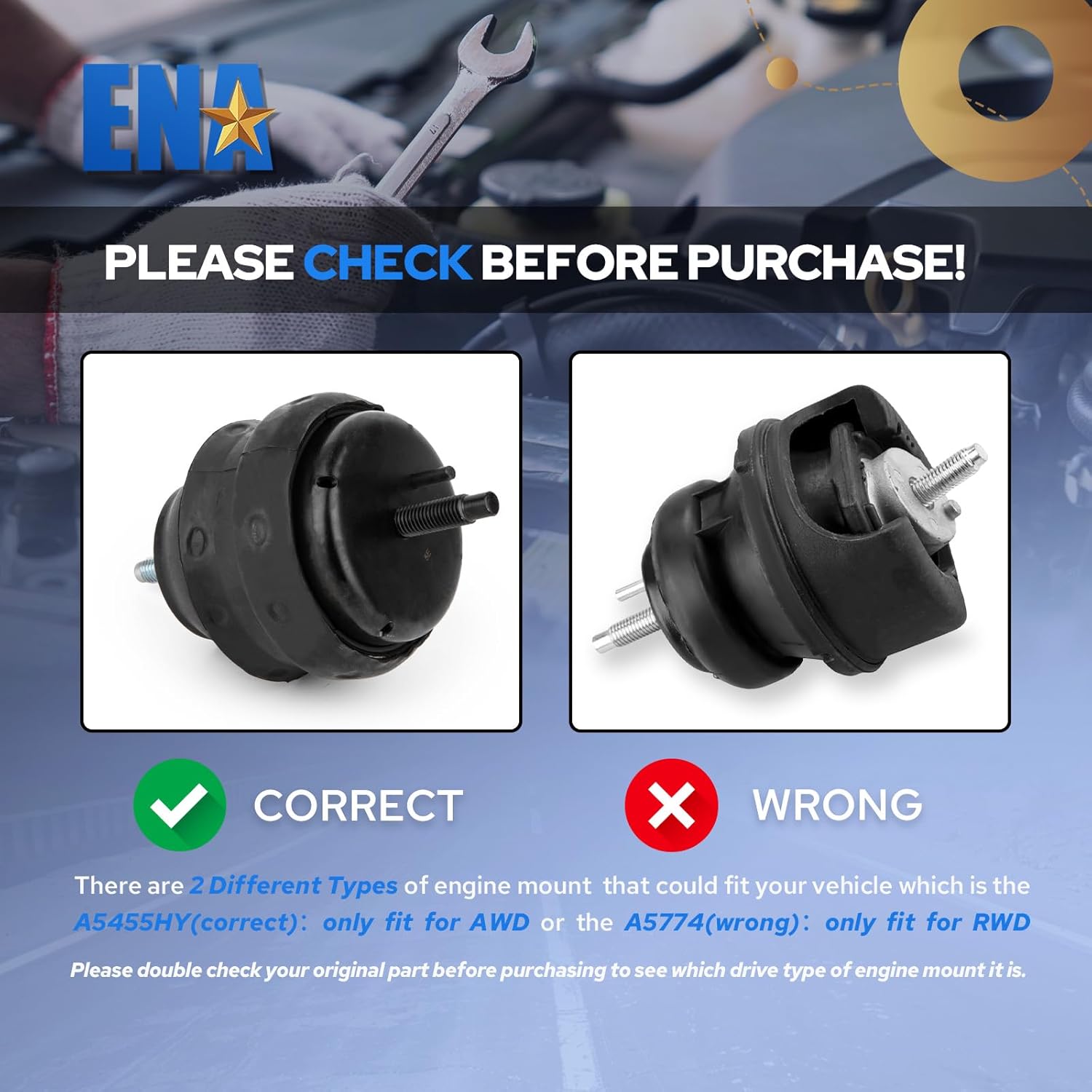 ENA Front Left and Right Engine Motor Mount Set Compatible with Cadillac CTS SRX STS 2004 2005 2006 2007 2008 2009 2010 2011 3.6L 4.4L 4.6L AWD Motor Mounts Replacement for A5455HY 25971086 Set of 2
