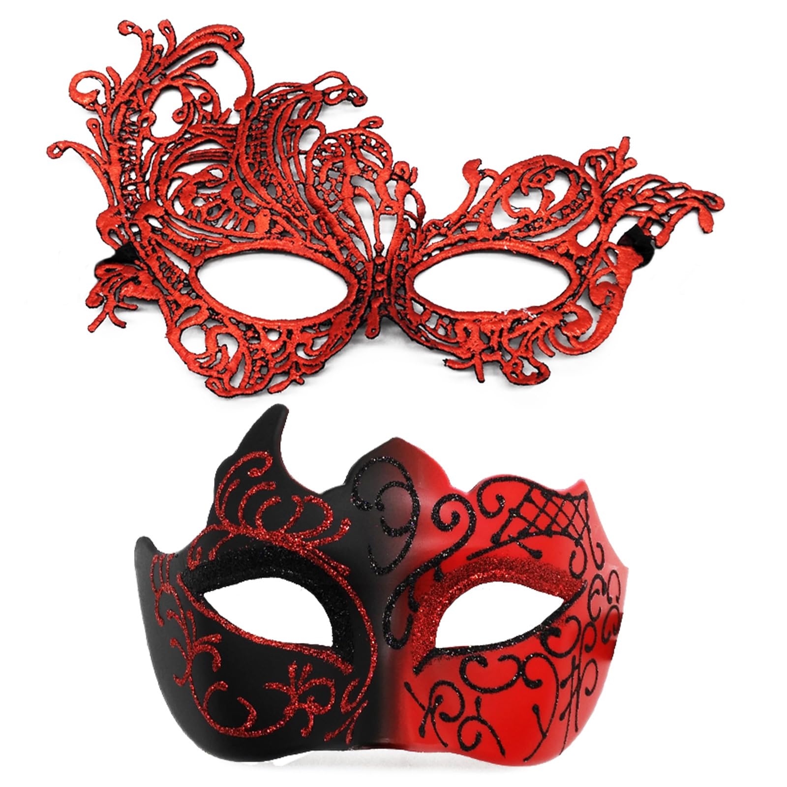 2-Pack Masquerade Masks, Red Venetian Lace and Glitter, Adult Costume Set