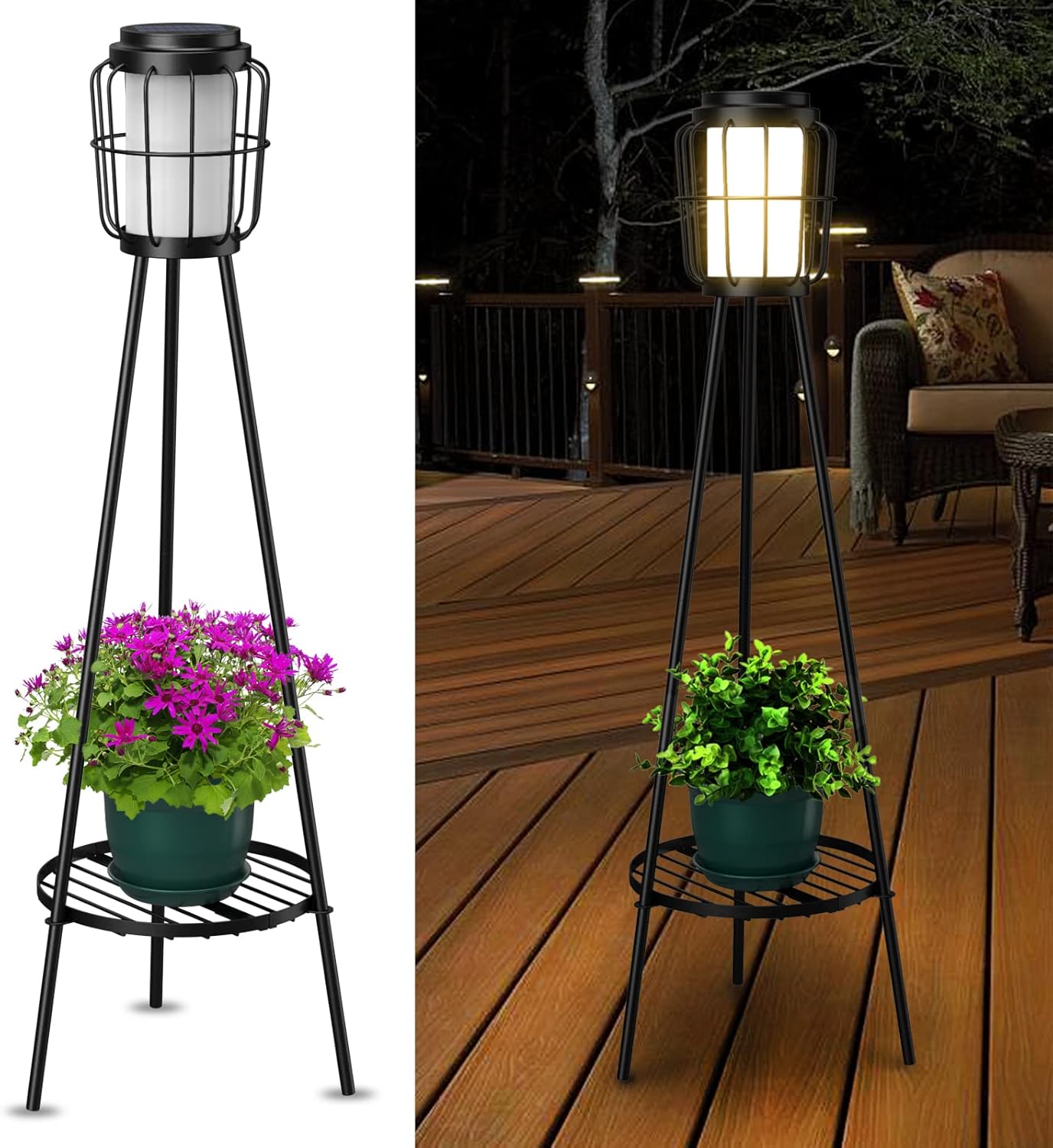 2 Pack Solar Lights Outdoor with Plant Stands, Solar Floor Lamp, Solar Powered Street Lights Metal Tripod Deck Lights, Patio Decor for Garden Yard Pathway Driveway Porch