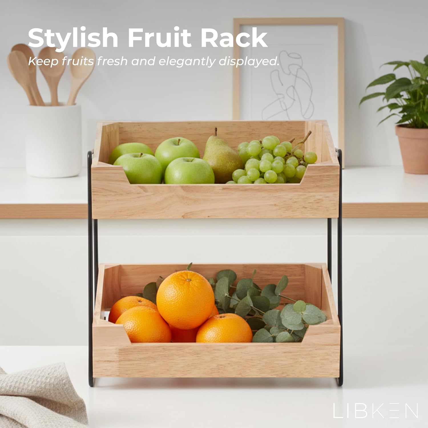 2-Tier Fruit Basket Countertop Organizer – Rubberwood & Metal Fruit Stand – Minimal Scandinavian Design Storage for Fruits, Vegetables, Bread & Snacks – Airflow Design, Easy Assembly