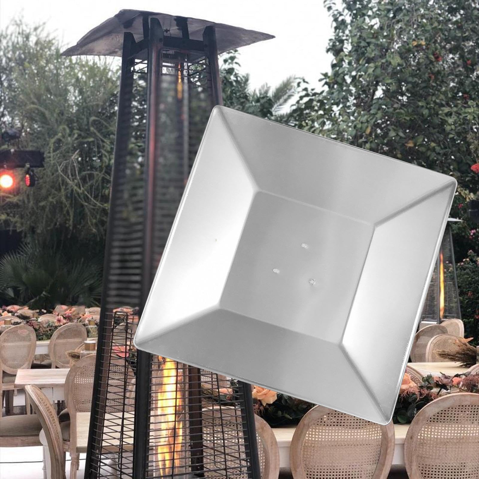 Robuster, vierseitiger Aluminium Reflektor als Ersatz für Terrassenheizstrahler. Einfache Montage. Maße: ca. 45 cm x 45 cm. Material: Aluminium, Lochabstand 7