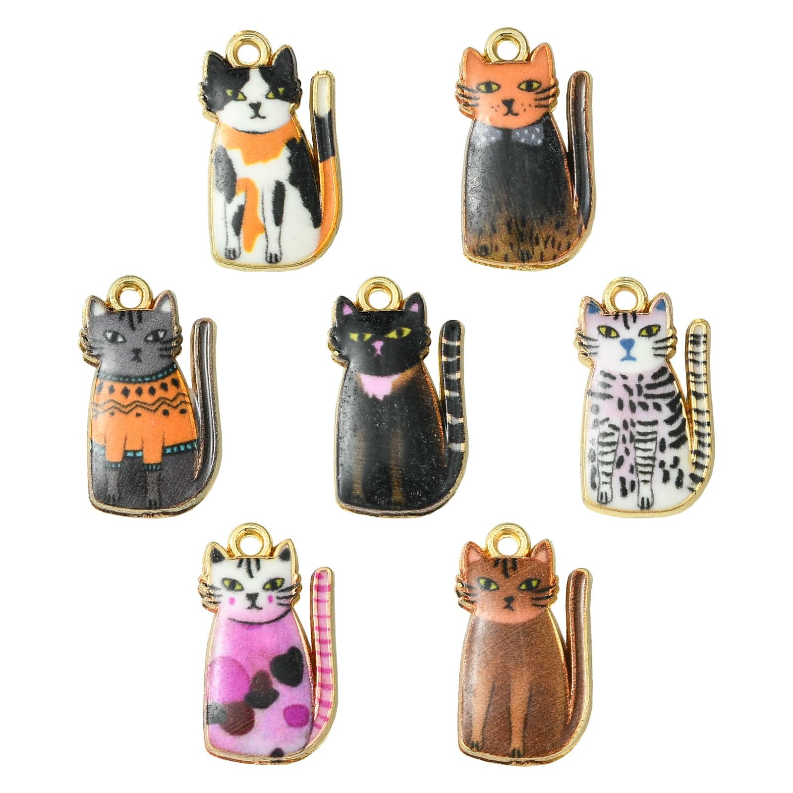 Stiesy 35Pcs 7 Colours Enamel Cat Charms for Jewellery Making Colorful Printed Kawaii Cat Charm Pendant Cute Kitten Animal Bracelet Charms for Crafting DIY Necklace Earring Presents