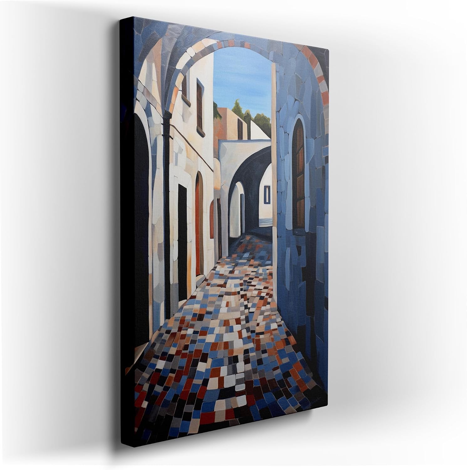 Canvas for Living room. Mediterranean Serenity in Strokes - Discovering Tranquility Through a Painted Alleyway, 27 x 18 inch Canvas Wall Art - Contemporary Masterpieces - Modern Home Decor