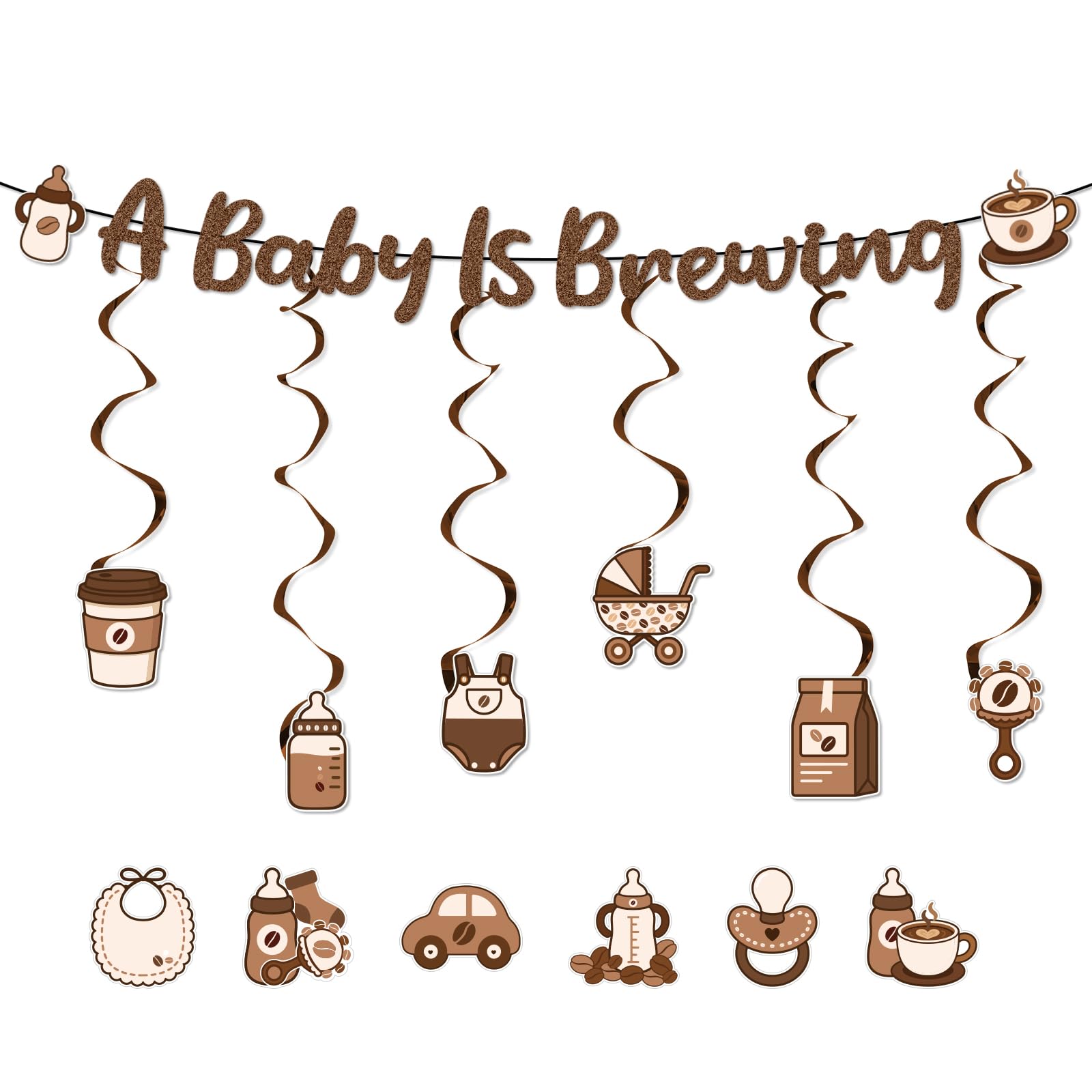 A Baby Is Brewing Banner Set, Coffee Themed Party Decorations with Hanging Swirls & Stickers for Baby Shower Party Decor Supplies