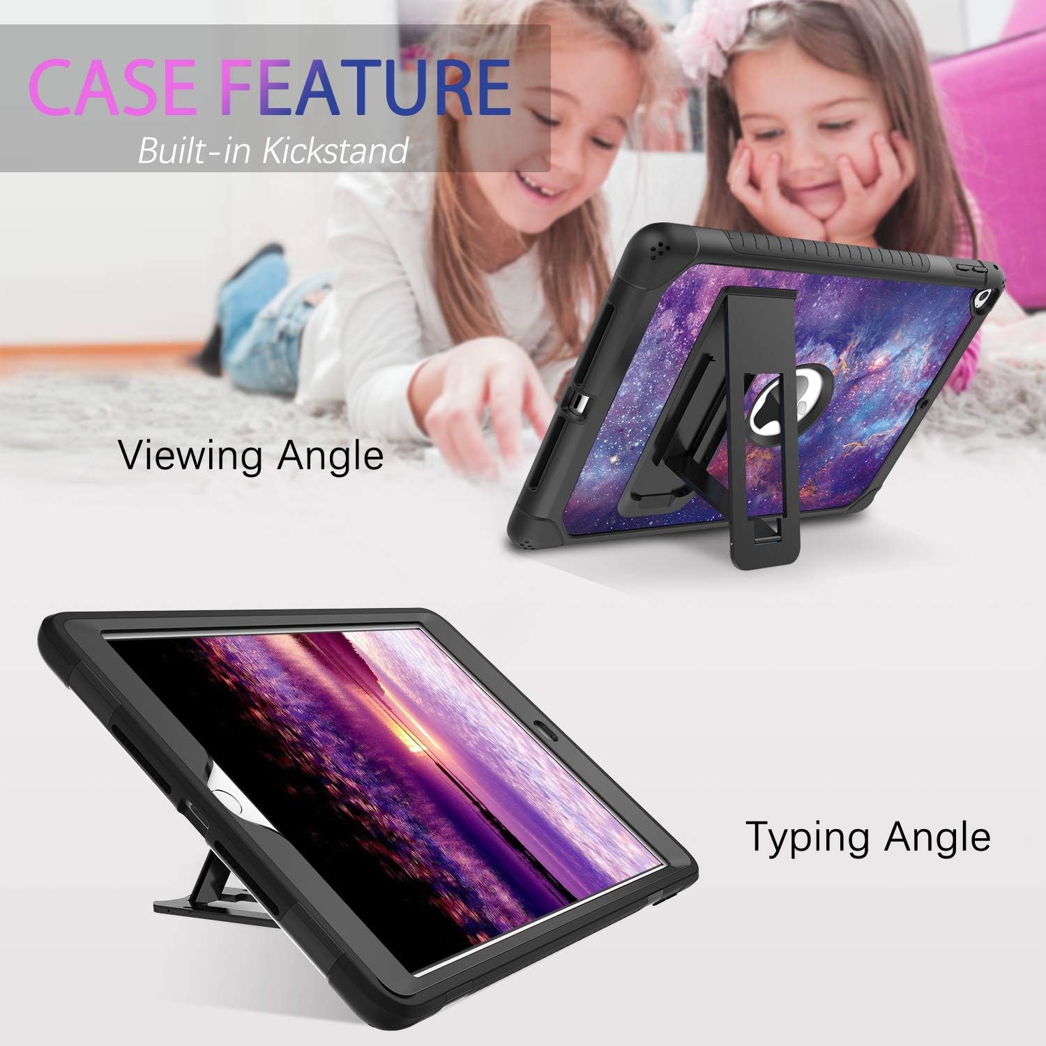 DUEDUE iPad Mini 5 Case, iPad Mini 4 Case,Nebula Galaxy Design Kickstand Heavy Duty 3 in 1 Shockproof High Impact Full Protective Case for iPad Mini 5th/4th Generation for Women Men Kids,Purple/Black