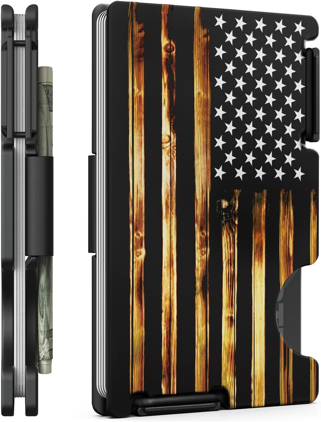 Minimalist Metal Wallet for Men, Ultra-Thin Aluminum Card Holder with Cash Strap, Personalized Wood American Flag, Slim Front Pocket RFID Blocking Wallet