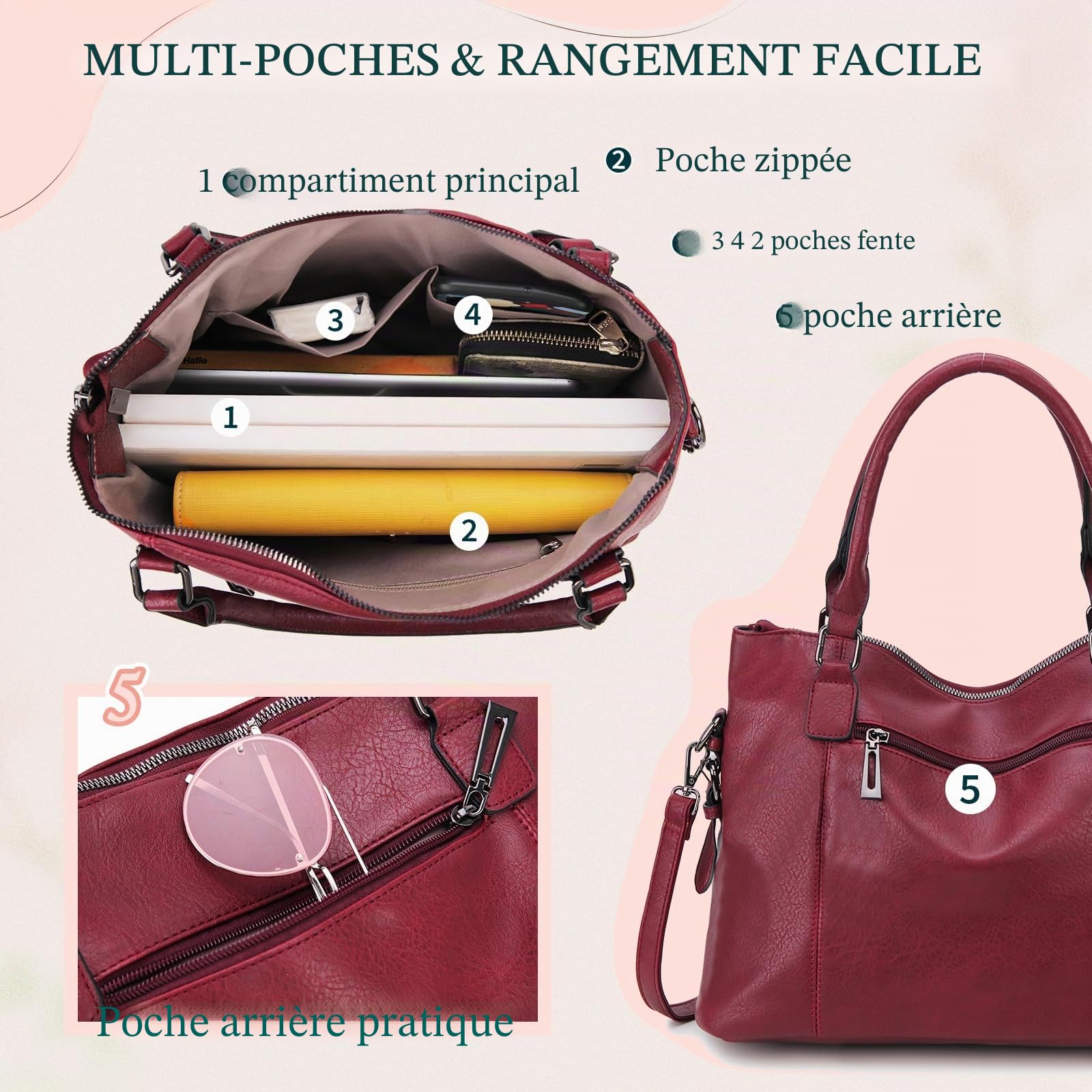 Sac à Main Femme en Cuir PU Sac Bandoulière Femme Hobo Cabas Fourre Tout Vintage, Grand Capacité Sangle Réglable pour Travail, Shopping, Voyage