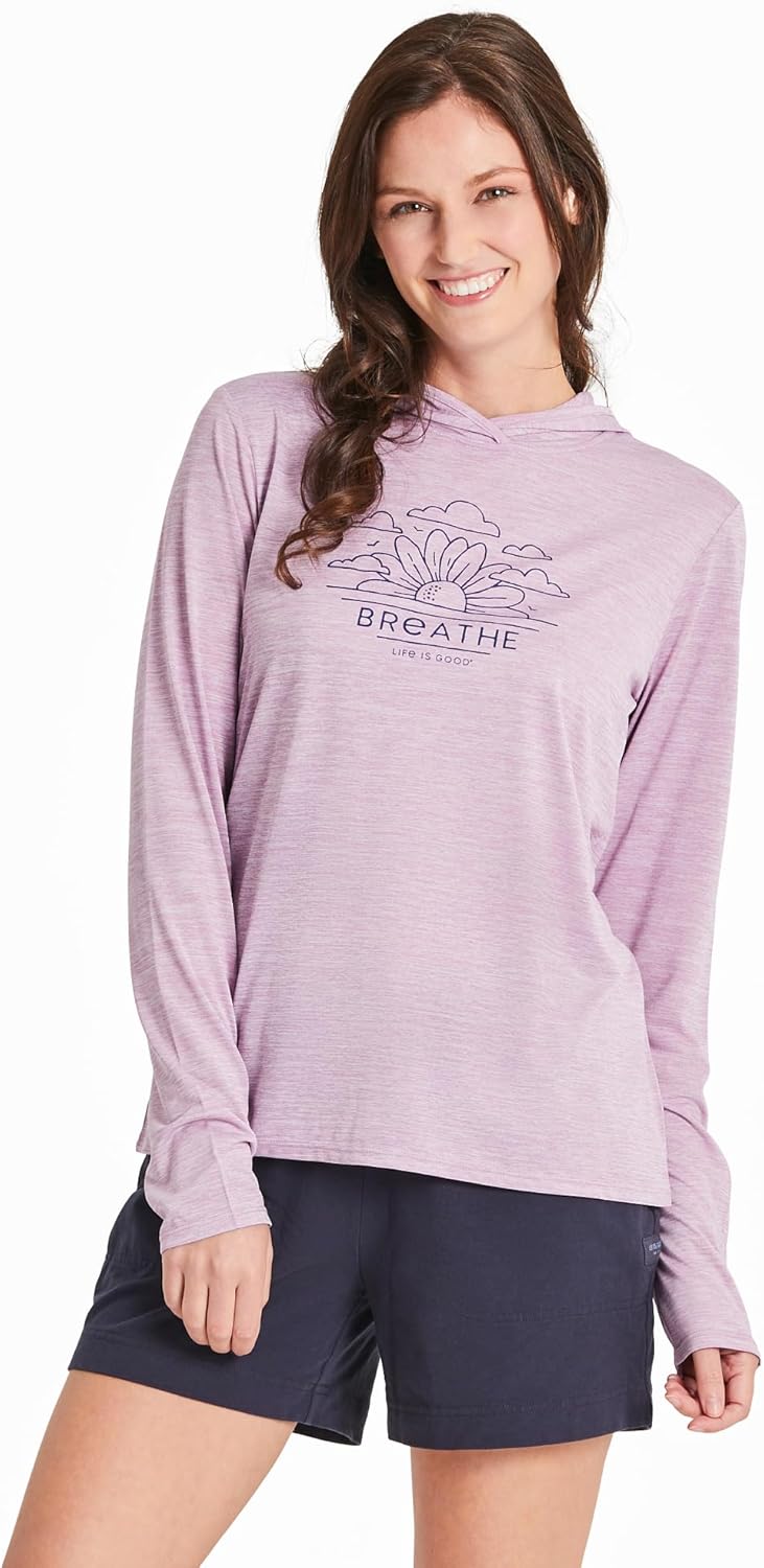 Life is Good Women's Breathe Sunflowe LS Crusher Hooded Sun Tee, Violet Purple, Medium