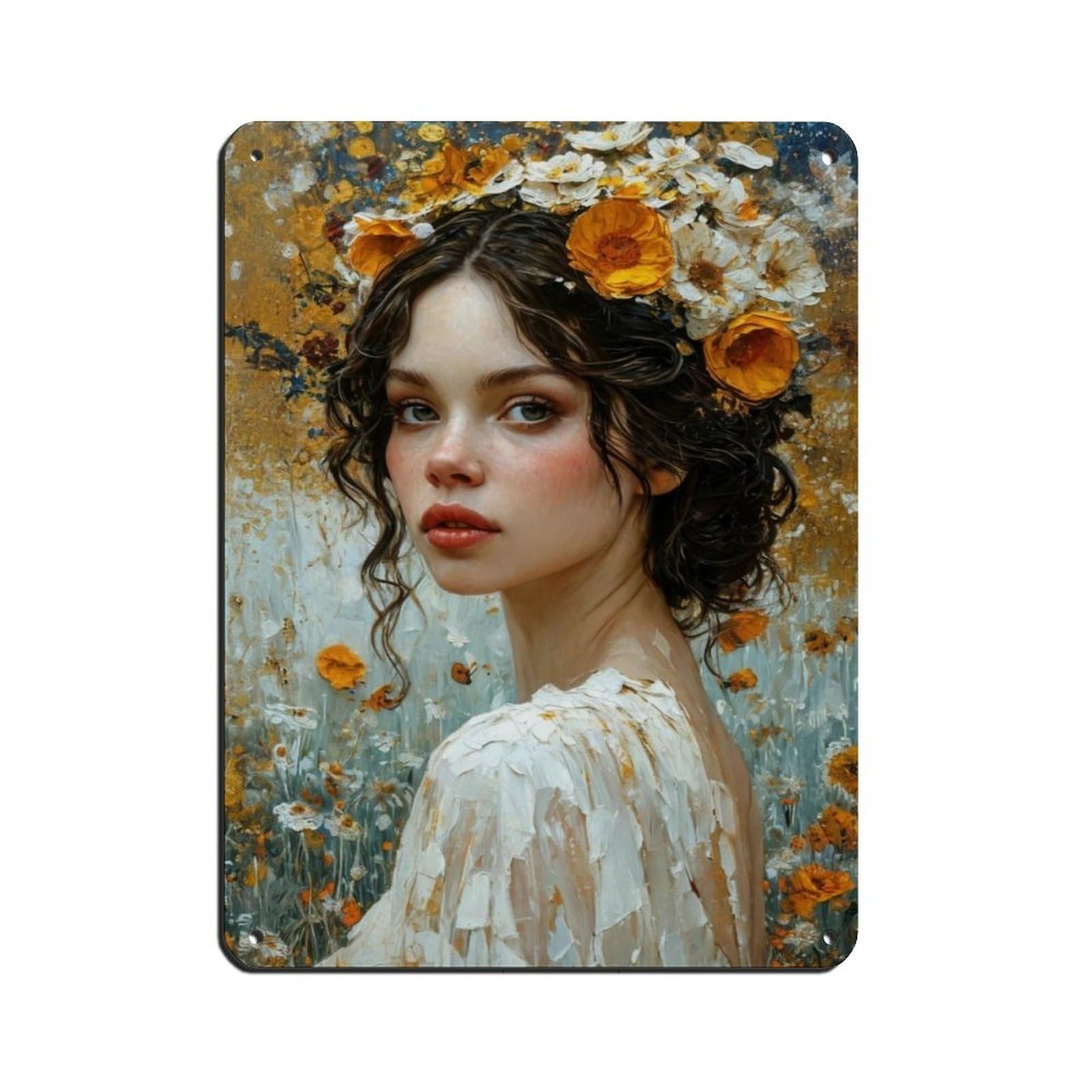 Sunflower Maiden,Floral Portrait Art Tin Sign Vintage Metal Pub Club Cafe Bar Home Wall Art Decoration Poster Retro 12x16inch(30x40cm)
