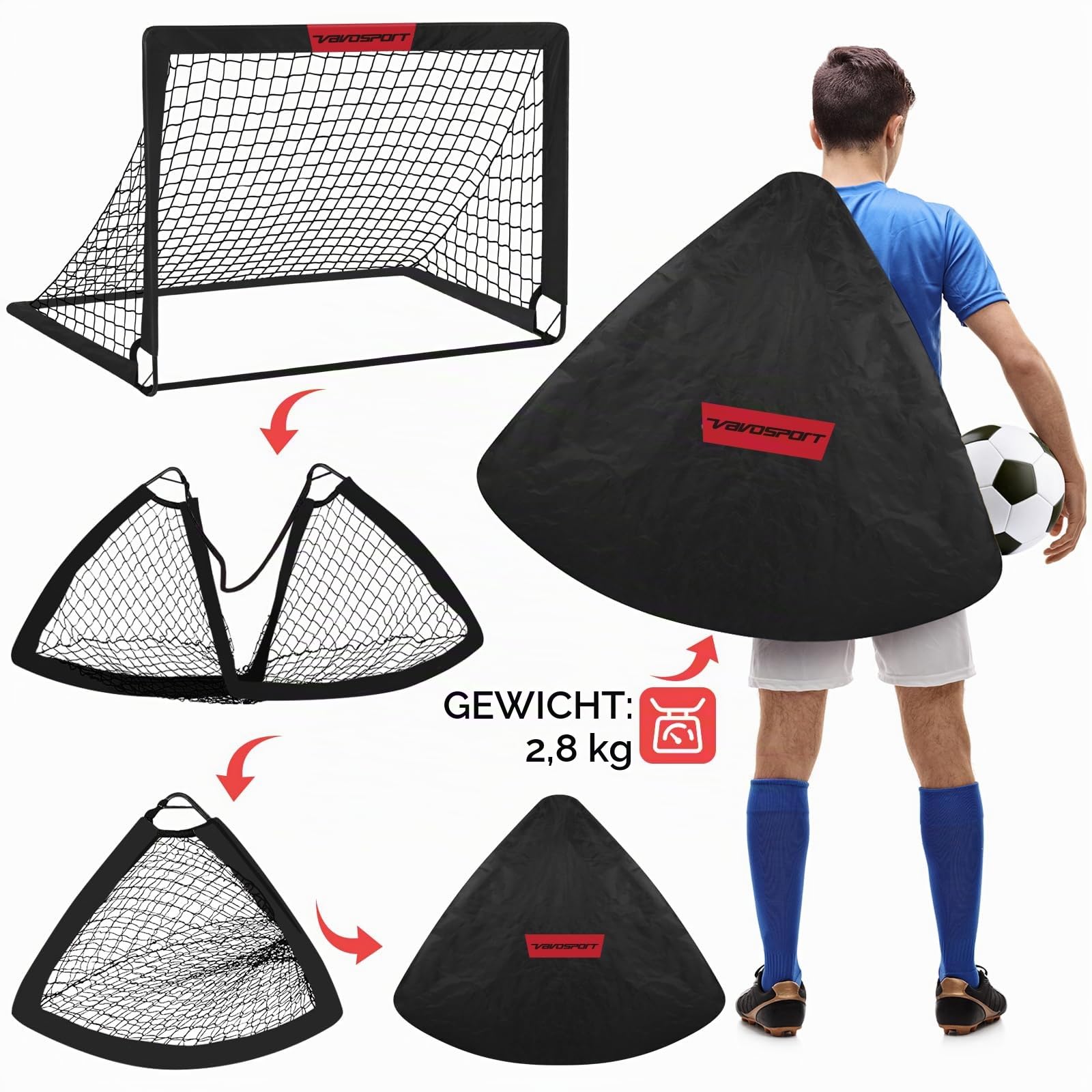 VAVOSPORT Fussballtore für Garten Kinder Tor Gate: Fußball Trainingsset mit Pop-Up 2er Set faltbar für Indoor/Outdoor Spiele für Kinder | Inklusive Fußball Größe 3 Hütchen 10 und Ballpumpe